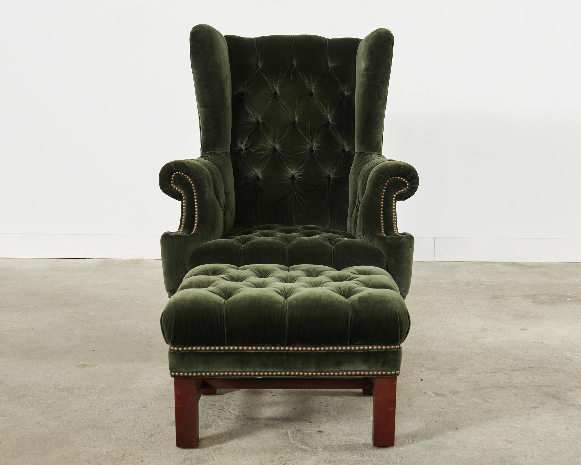 Patinated Ralph Lauren English Georgian Style Devonshire Wingback Chair and Ottoman For Sale