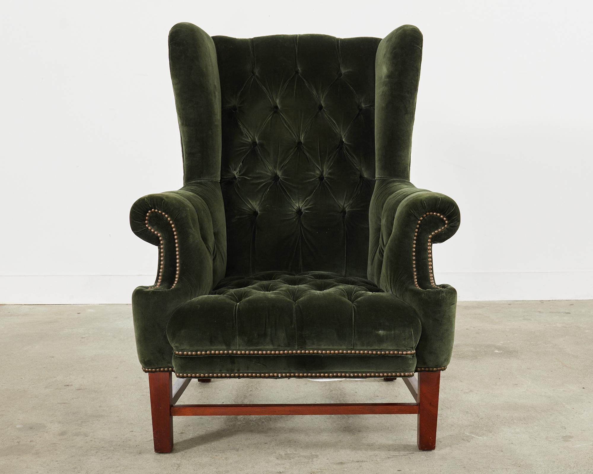 Brass Ralph Lauren English Georgian Style Devonshire Wingback Chair and Ottoman