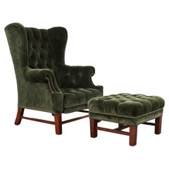 Used Ralph Lauren English Georgian Style Devonshire Wingback Chair and Ottoman