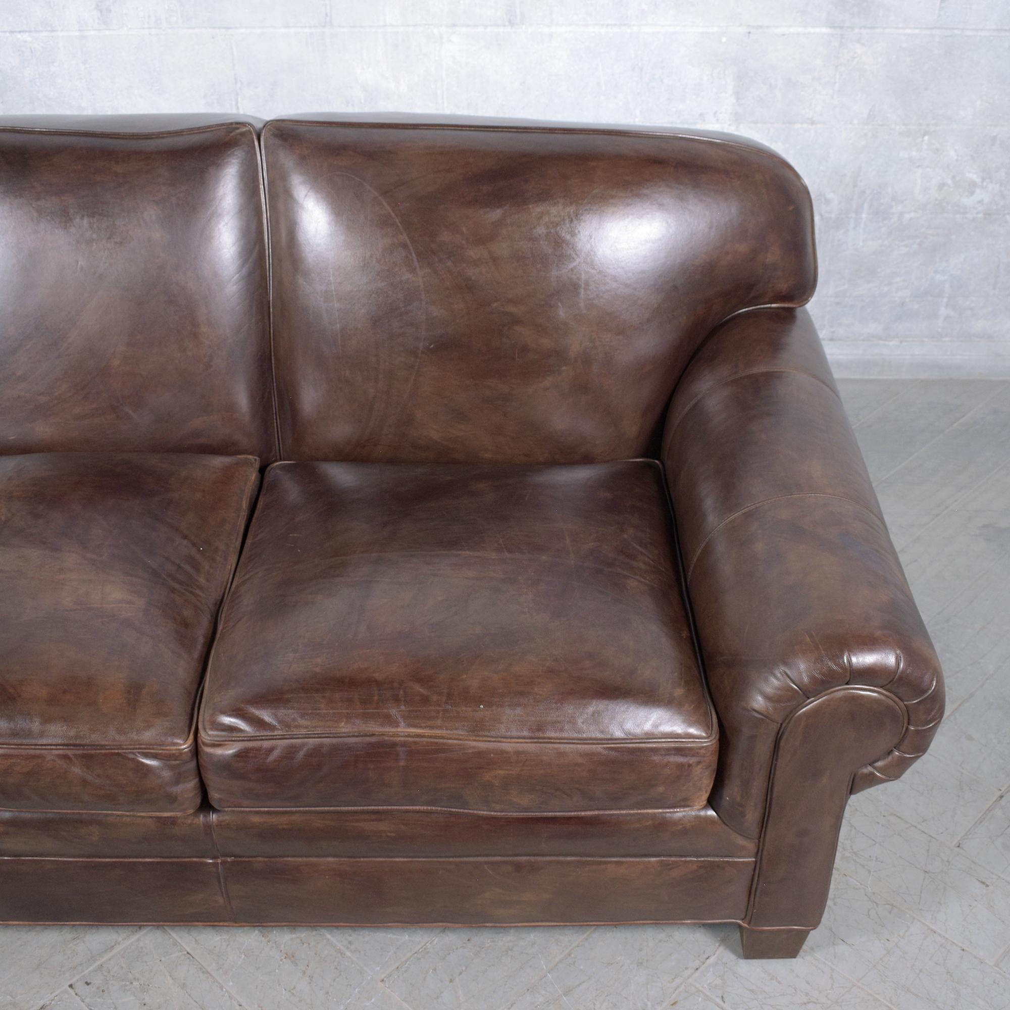 Hand-Crafted Ralph Lauren English Roll-Arm Leather Sofa in Dark Chocolate Brown For Sale