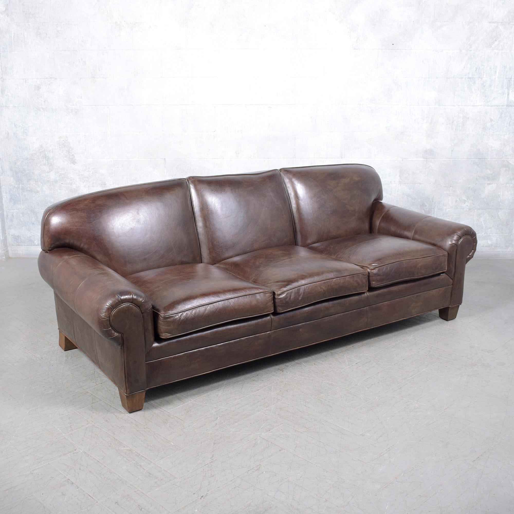 Ralph Lauren English Roll-Arm Leather Sofa in Dark Chocolate Brown In Good Condition For Sale In Los Angeles, CA