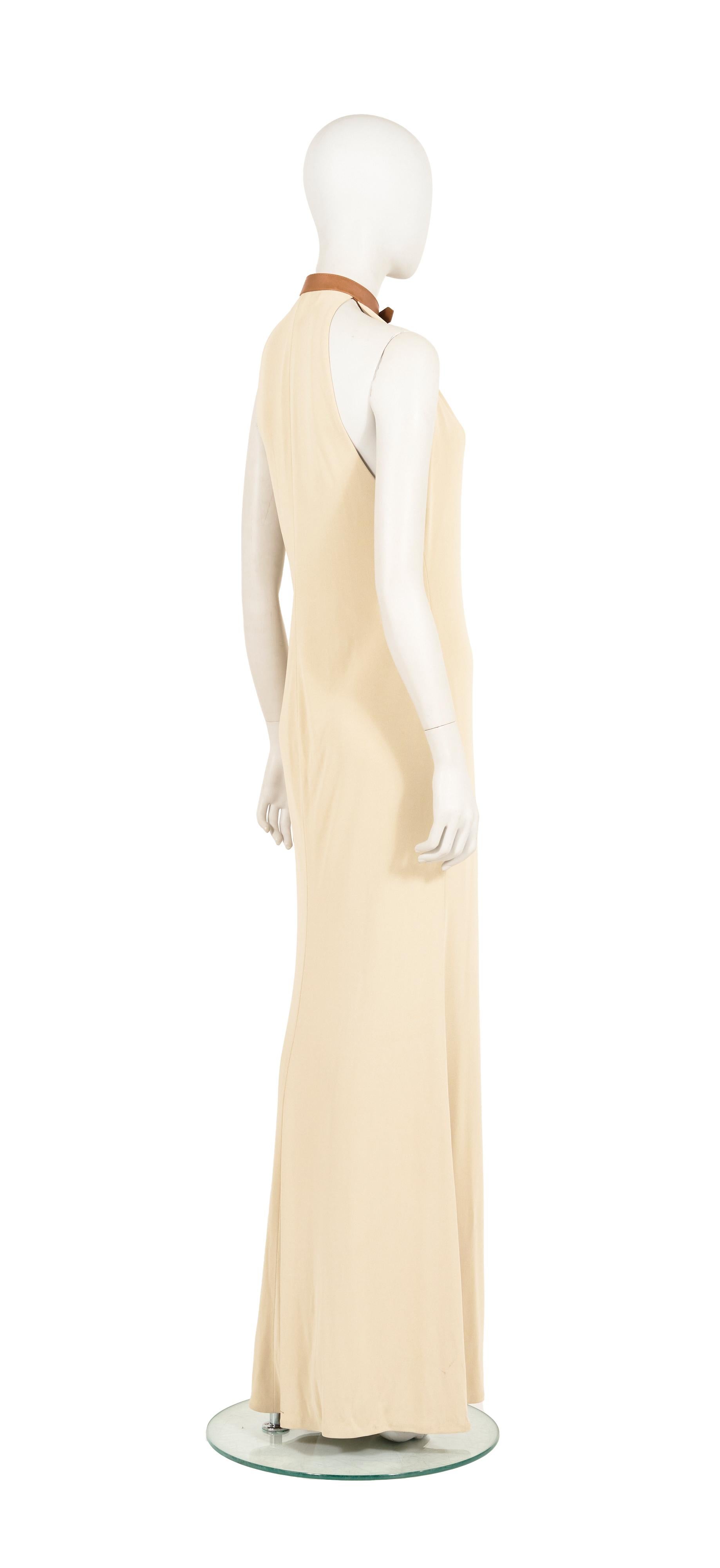 Ralph Lauren F/W 2001 tan plunging leather choker gown In Excellent Condition For Sale In Rome, IT
