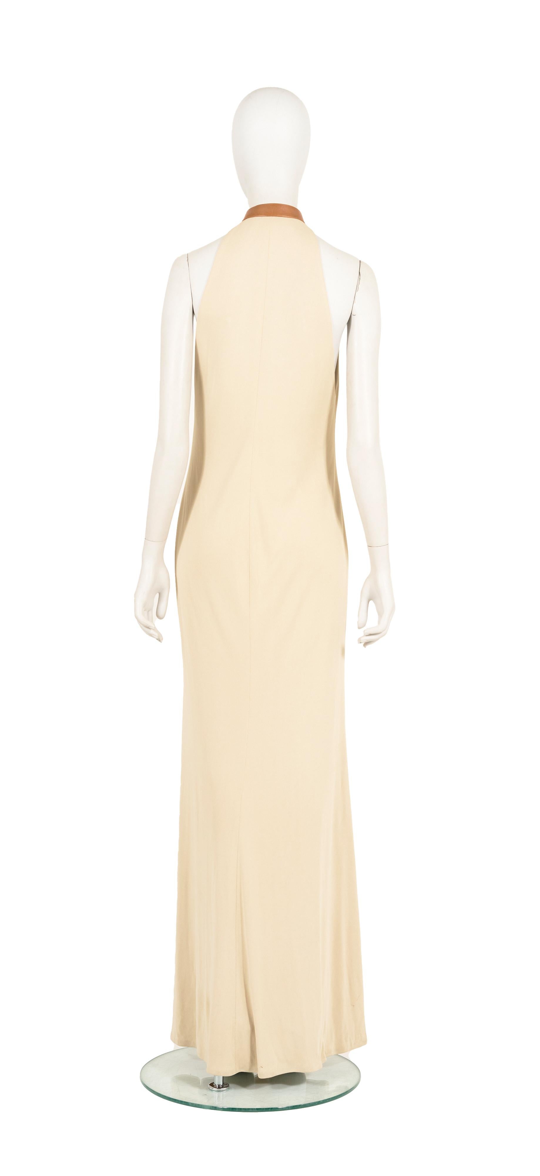 Women's Ralph Lauren F/W 2001 tan plunging leather choker gown For Sale