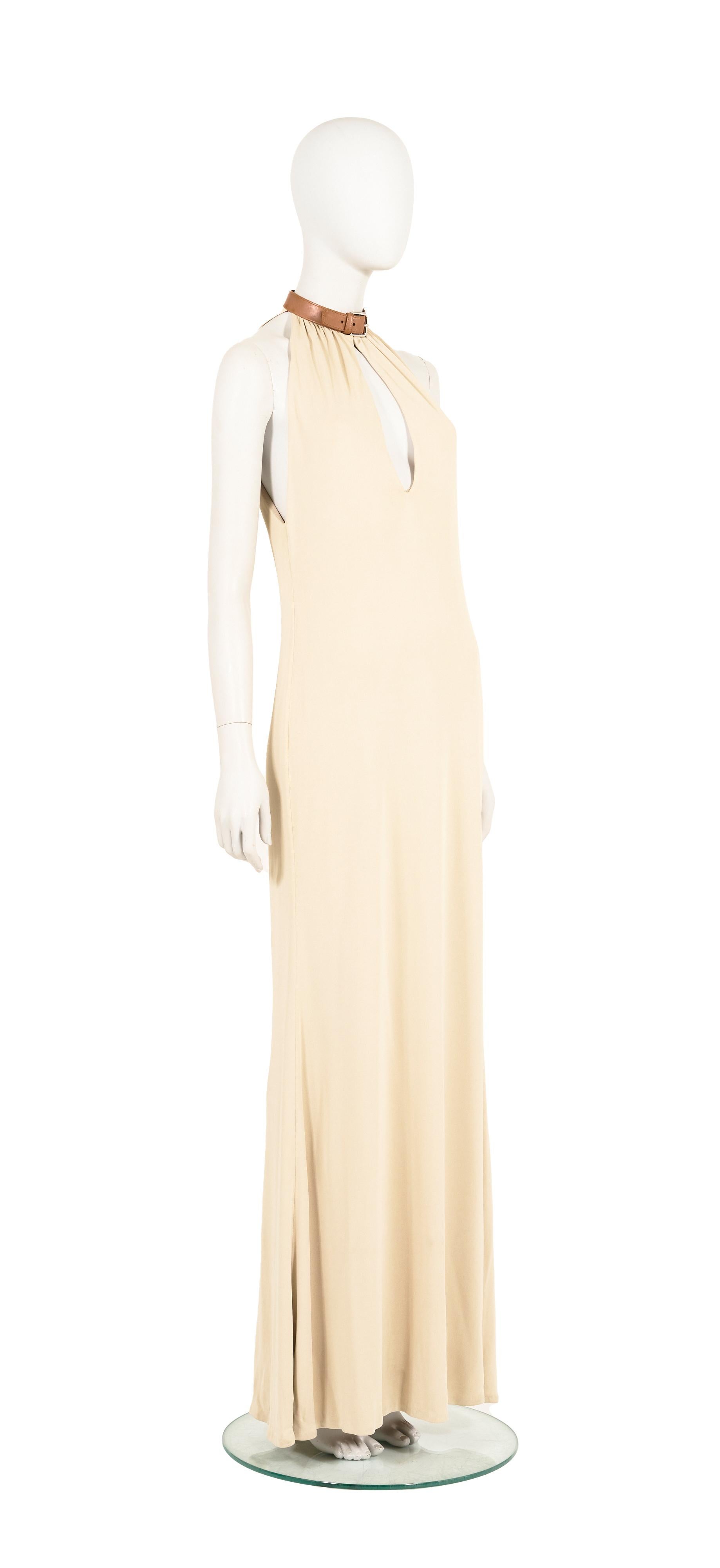 Ralph Lauren F/W 2001 tan plunging leather choker gown For Sale 1