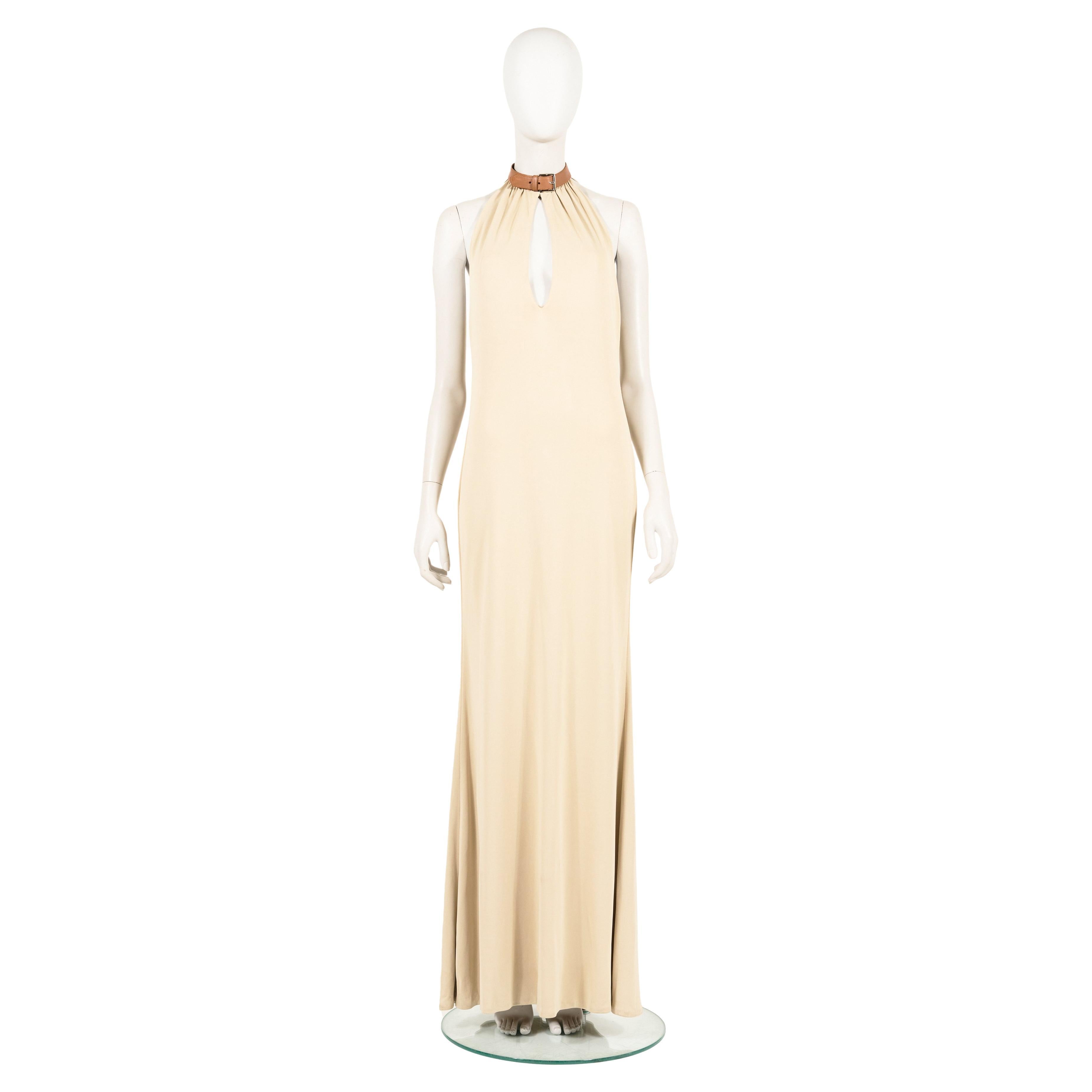 Ralph Lauren F/W 2001 tan plunging leather choker gown For Sale