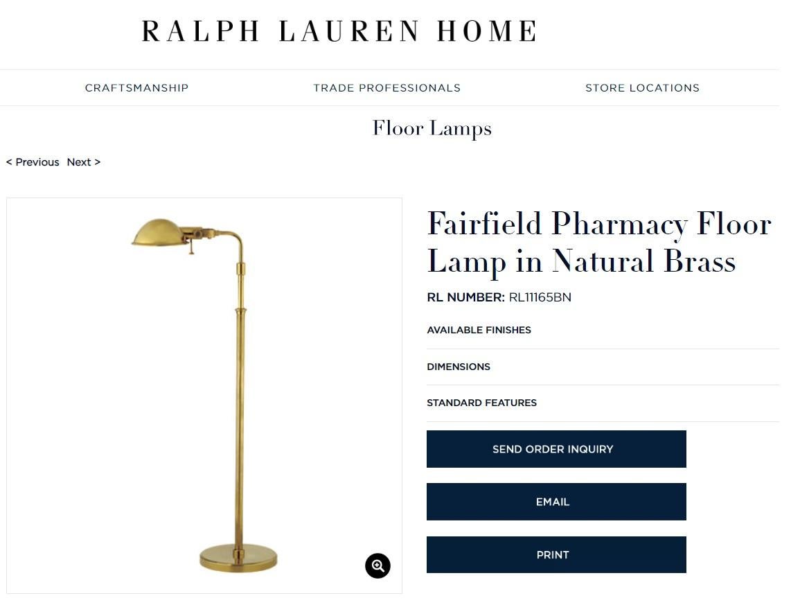 We are delighted to this lovely RRP £900 Ralph Lauren height adjustable Fairfield pharmacy floor standing lamp in natural brass

A very good looking piece, it was bought, transferred to a bedroom and lightly used, there was a sticker on one side