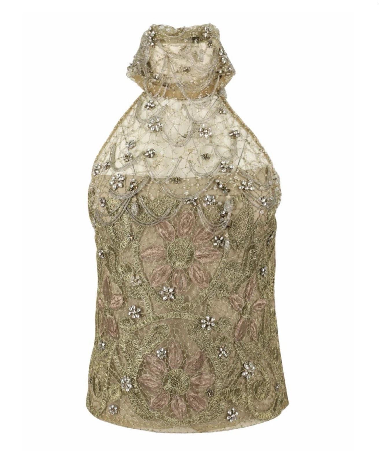 Beige Ralph Lauren Autunno 2009 - Top in pizzo con perline e gonna a cascata in seta - Set da passerella in vendita