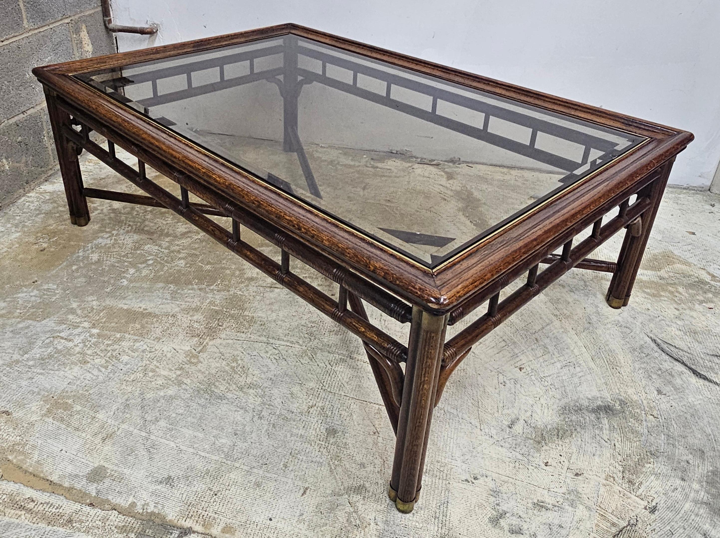 Ralph Lauren Faux Bamboo Walnut and Glass Top with Brass Fittings Coffee Table 3