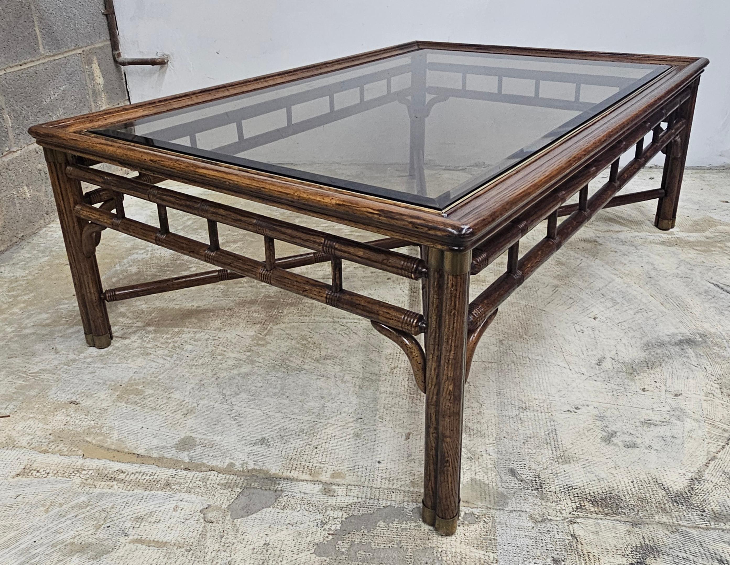 Ralph Lauren Faux Bamboo Walnut and Glass Top with Brass Fittings Coffee Table 5