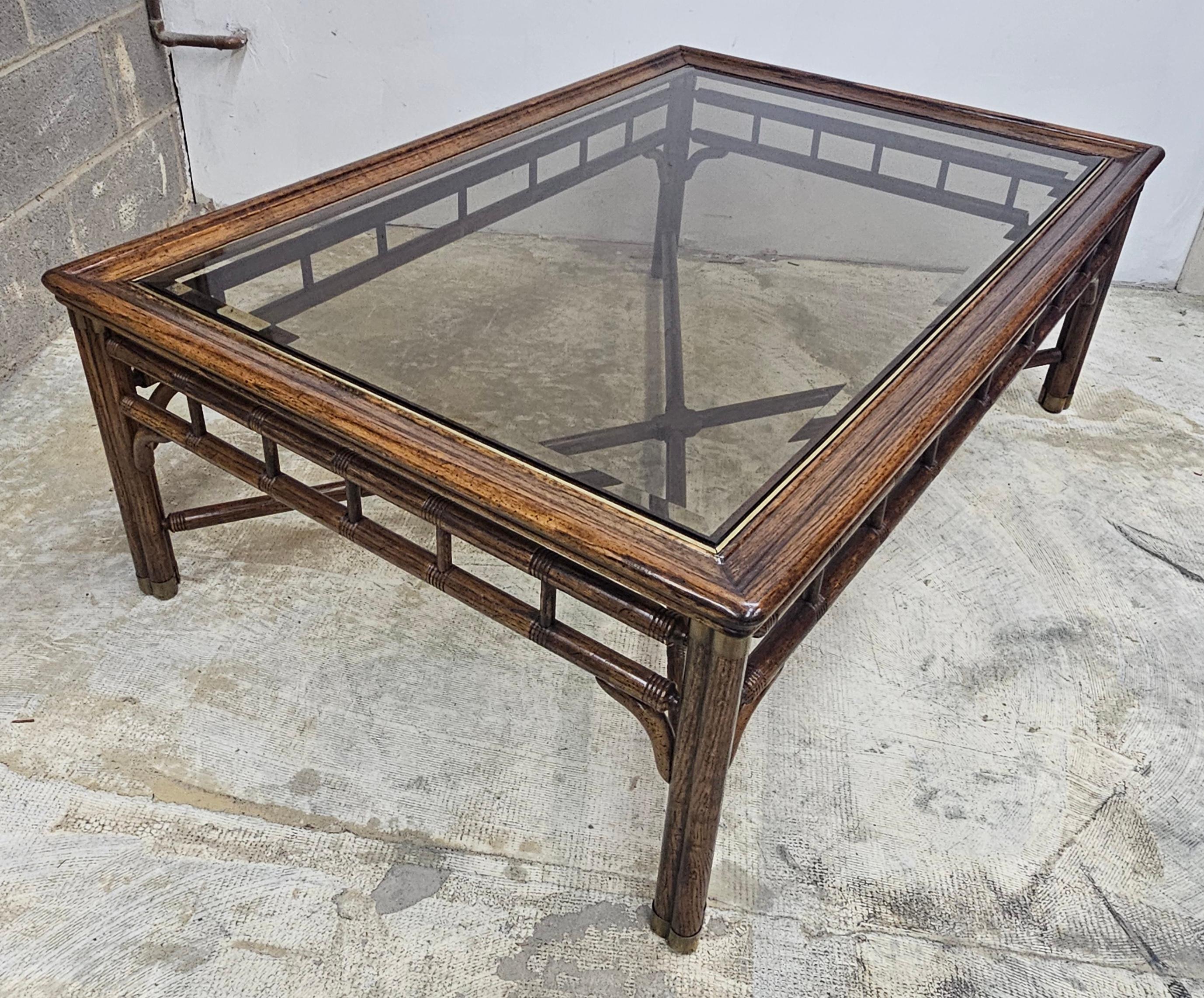 Ralph Lauren Faux Bamboo Walnut and Glass Top with Brass Fittings Coffee Table 6