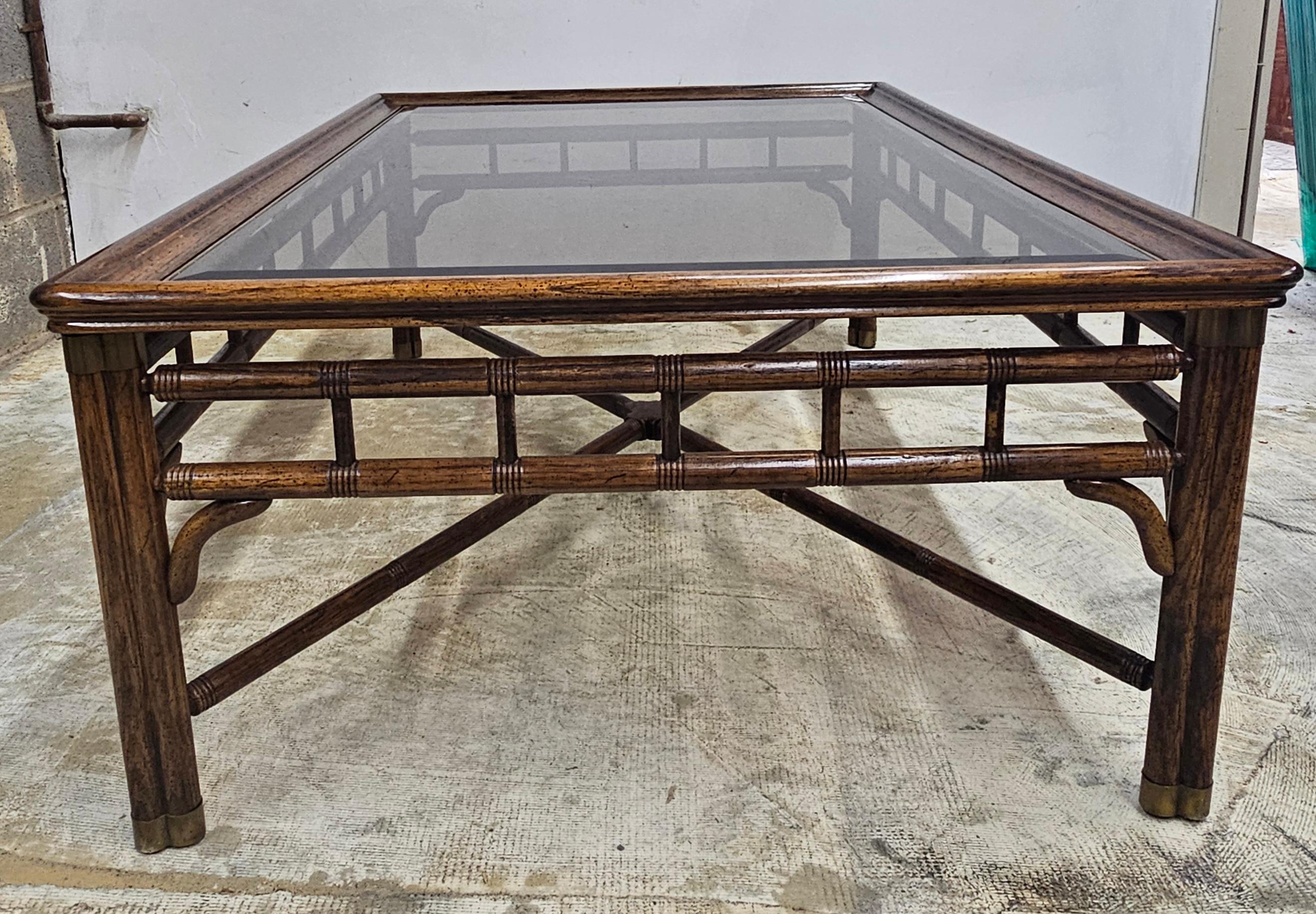 Ralph Lauren Faux Bamboo Walnut and Glass Top with Brass Fittings Coffee Table 7