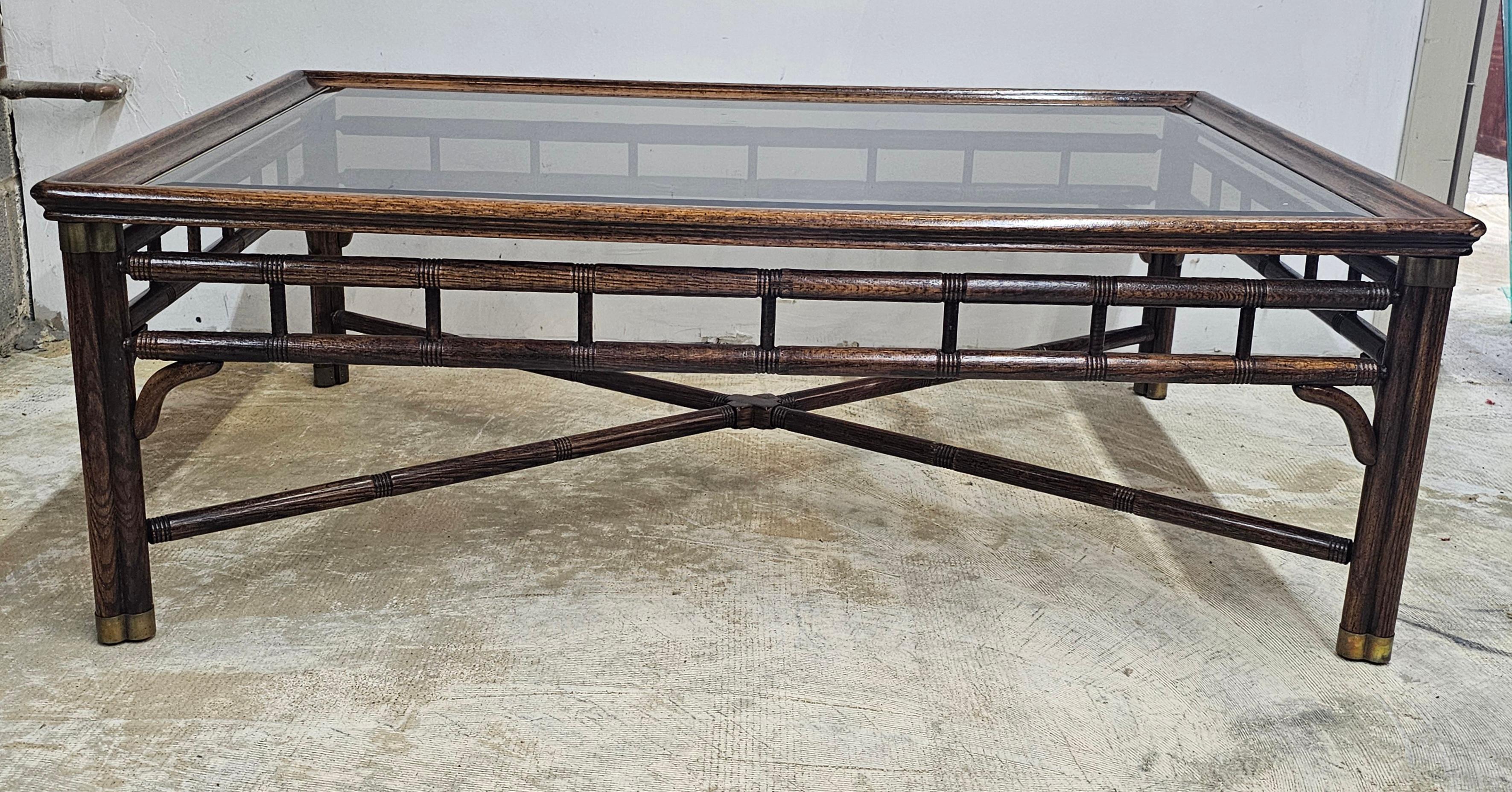 Mid-Century Modern Ralph Lauren Faux Bamboo Walnut and Glass Top with Brass Fittings Coffee Table