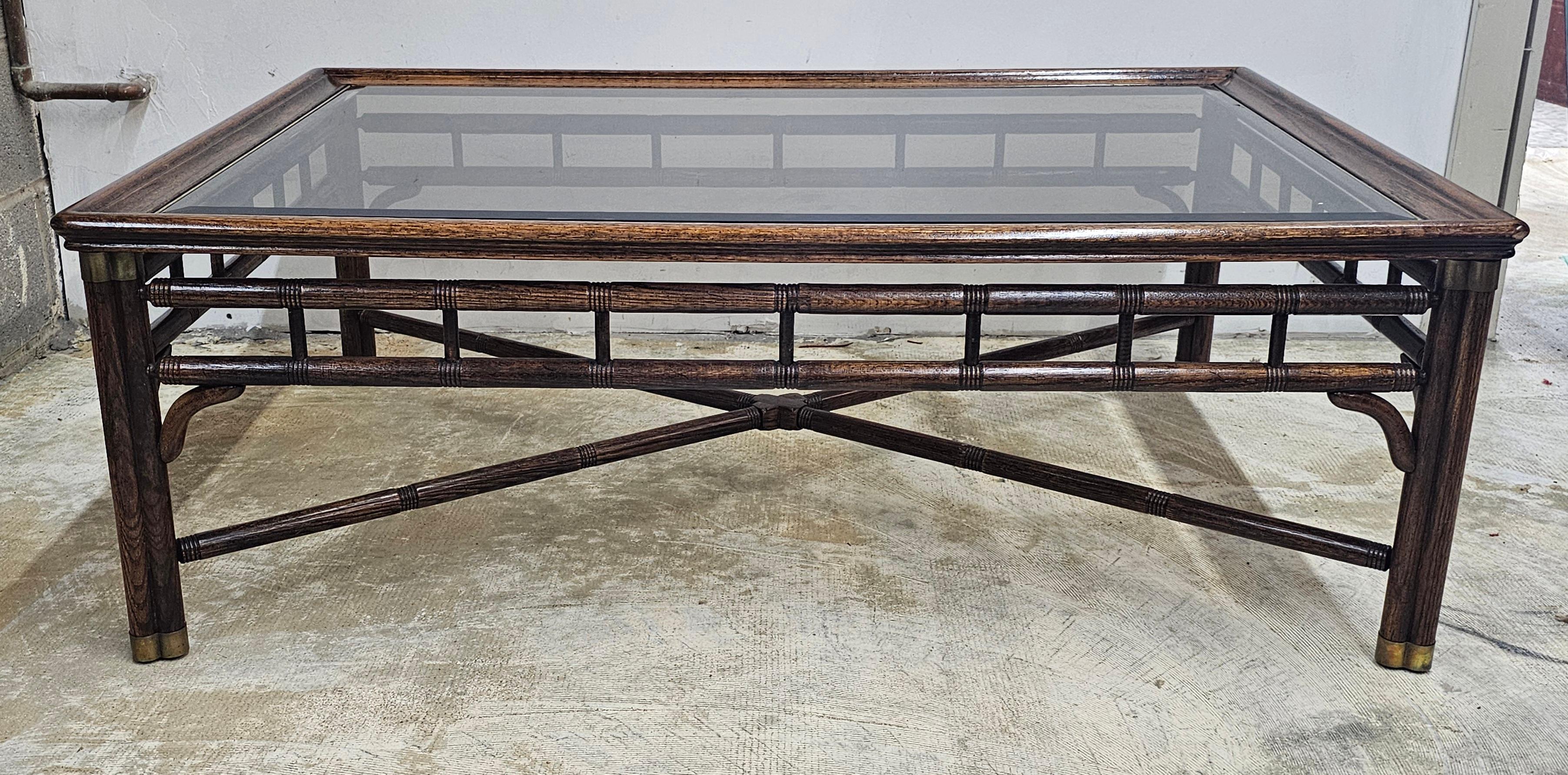 American Ralph Lauren Faux Bamboo Walnut and Glass Top with Brass Fittings Coffee Table