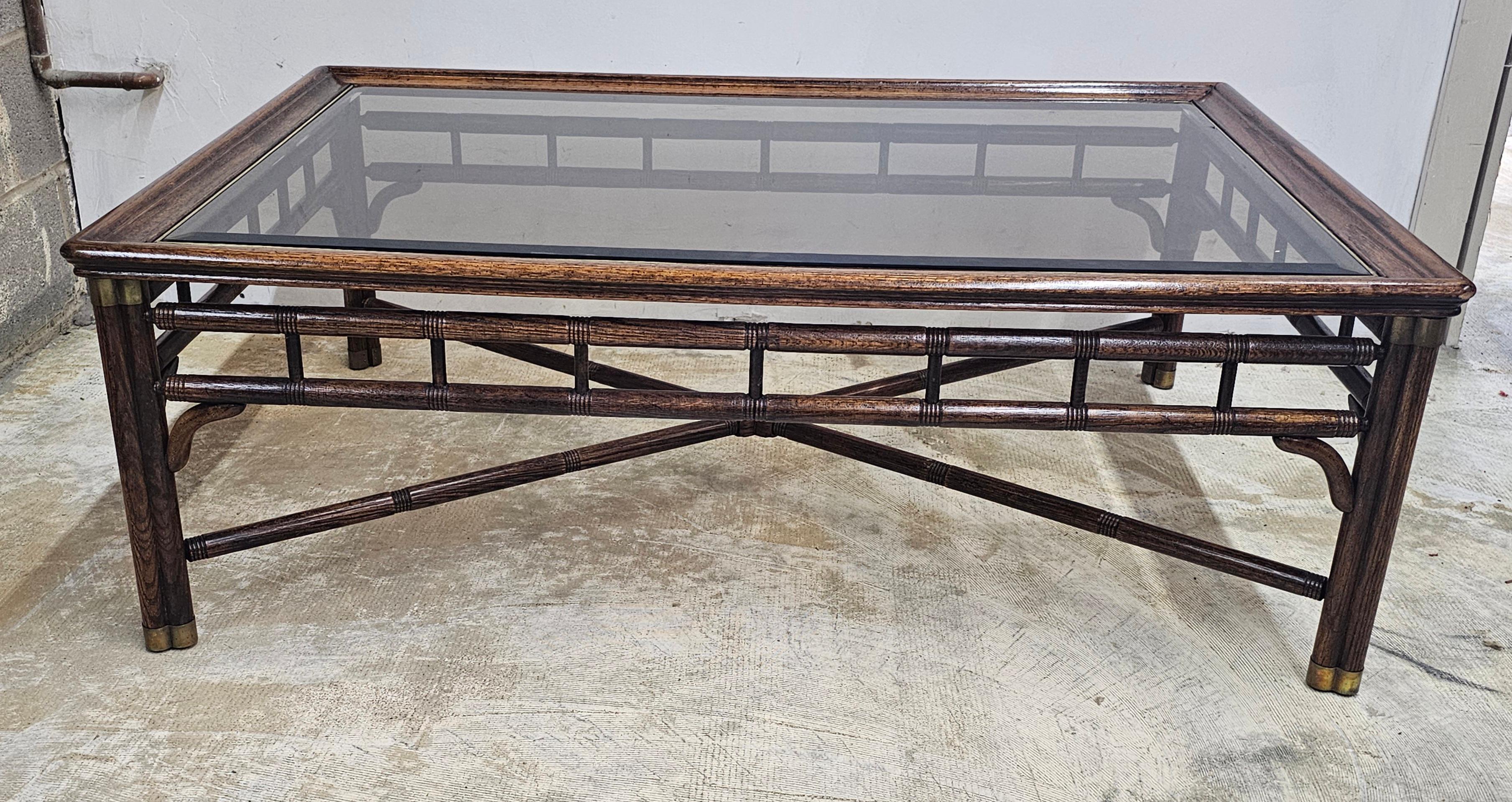 Stained Ralph Lauren Faux Bamboo Walnut and Glass Top with Brass Fittings Coffee Table