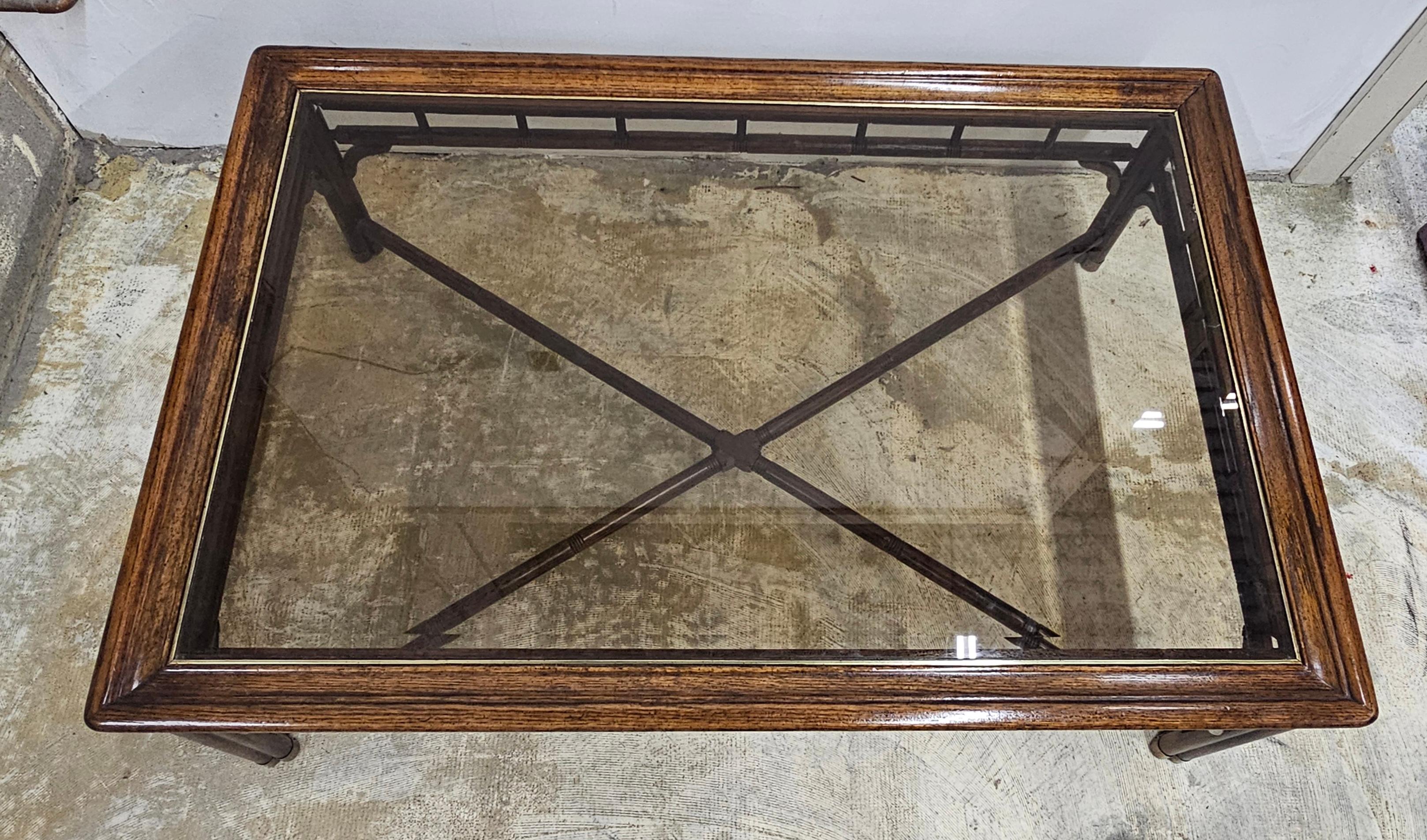 Ralph Lauren Faux Bamboo Walnut and Glass Top with Brass Fittings Coffee Table In Good Condition In Germantown, MD