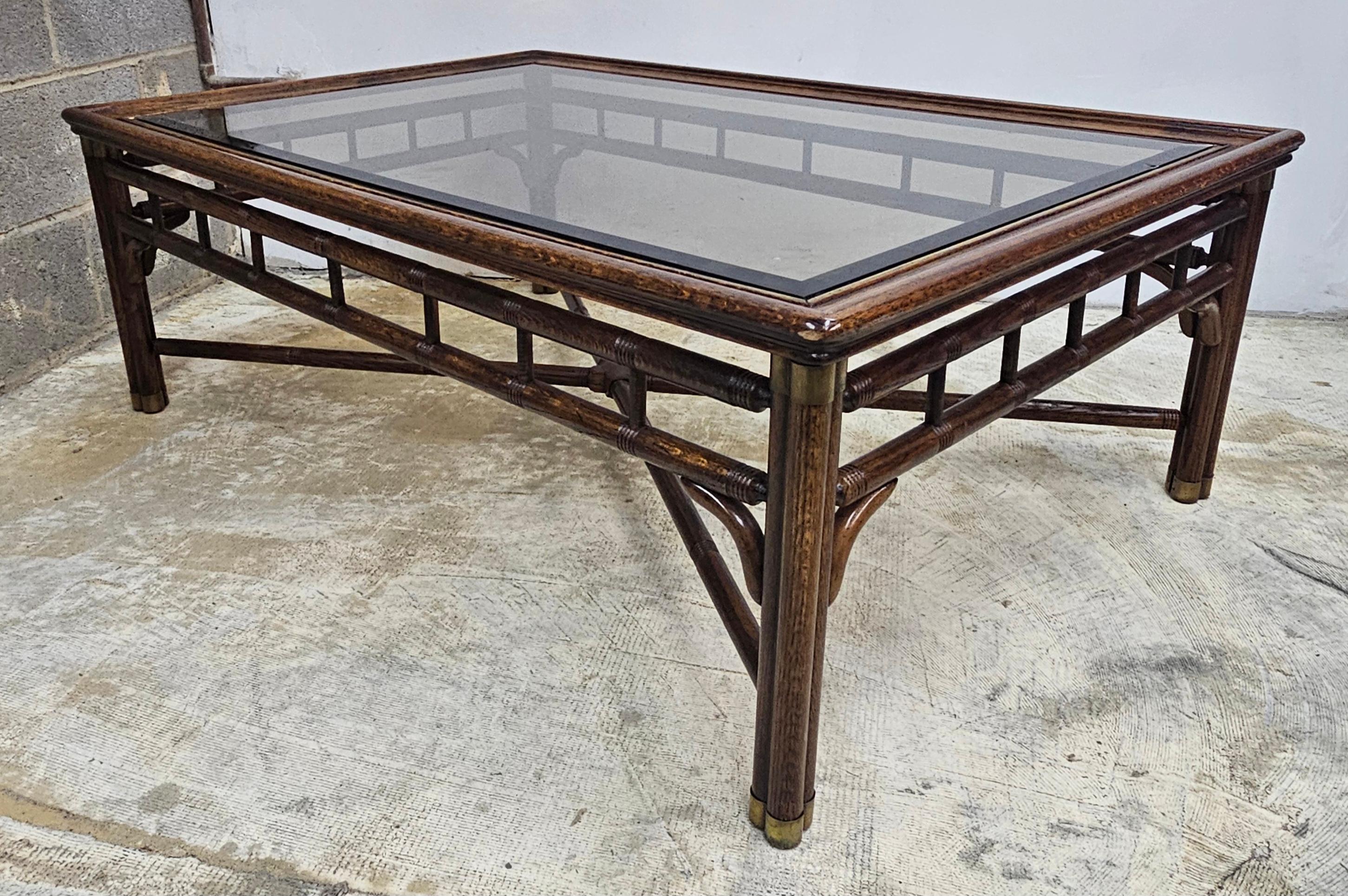 Ralph Lauren Faux Bamboo Walnut and Glass Top with Brass Fittings Coffee Table 2