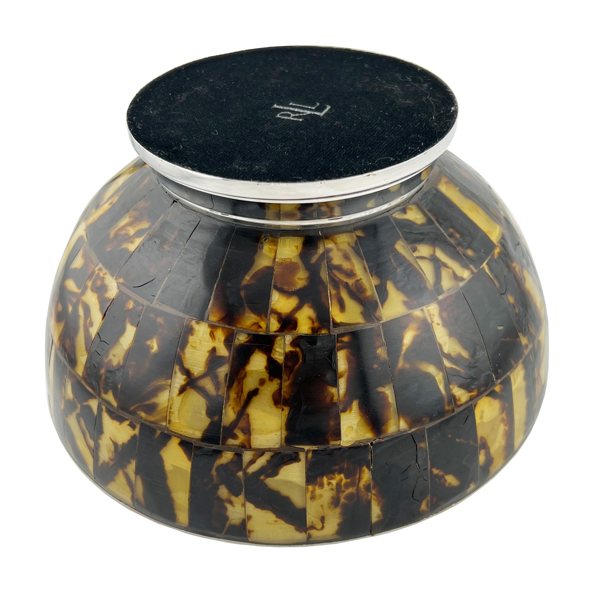 Elevate your tabletop with this striking vintage Ralph Lauren Home decorative bowl, crafted in luxurious faux tortoiseshell inlaid panels, elegantly mounted on a polished nickel-plated pedestal base. A timeless fusion of modern glamour and classic