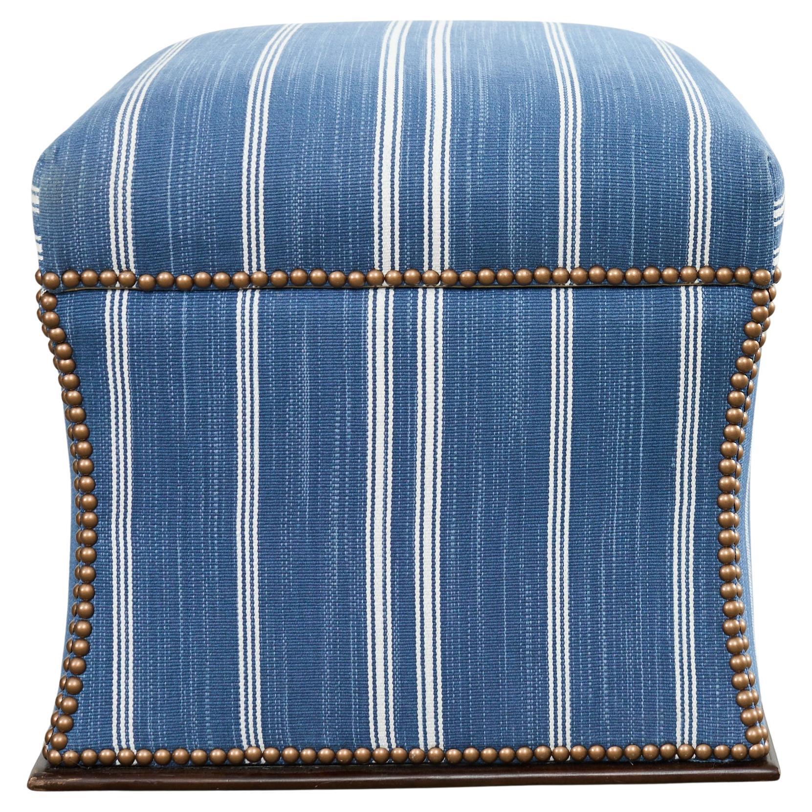 Ralph Lauren 'Florence' Storage Ottoman in Striped Blue Upholstery For Sale