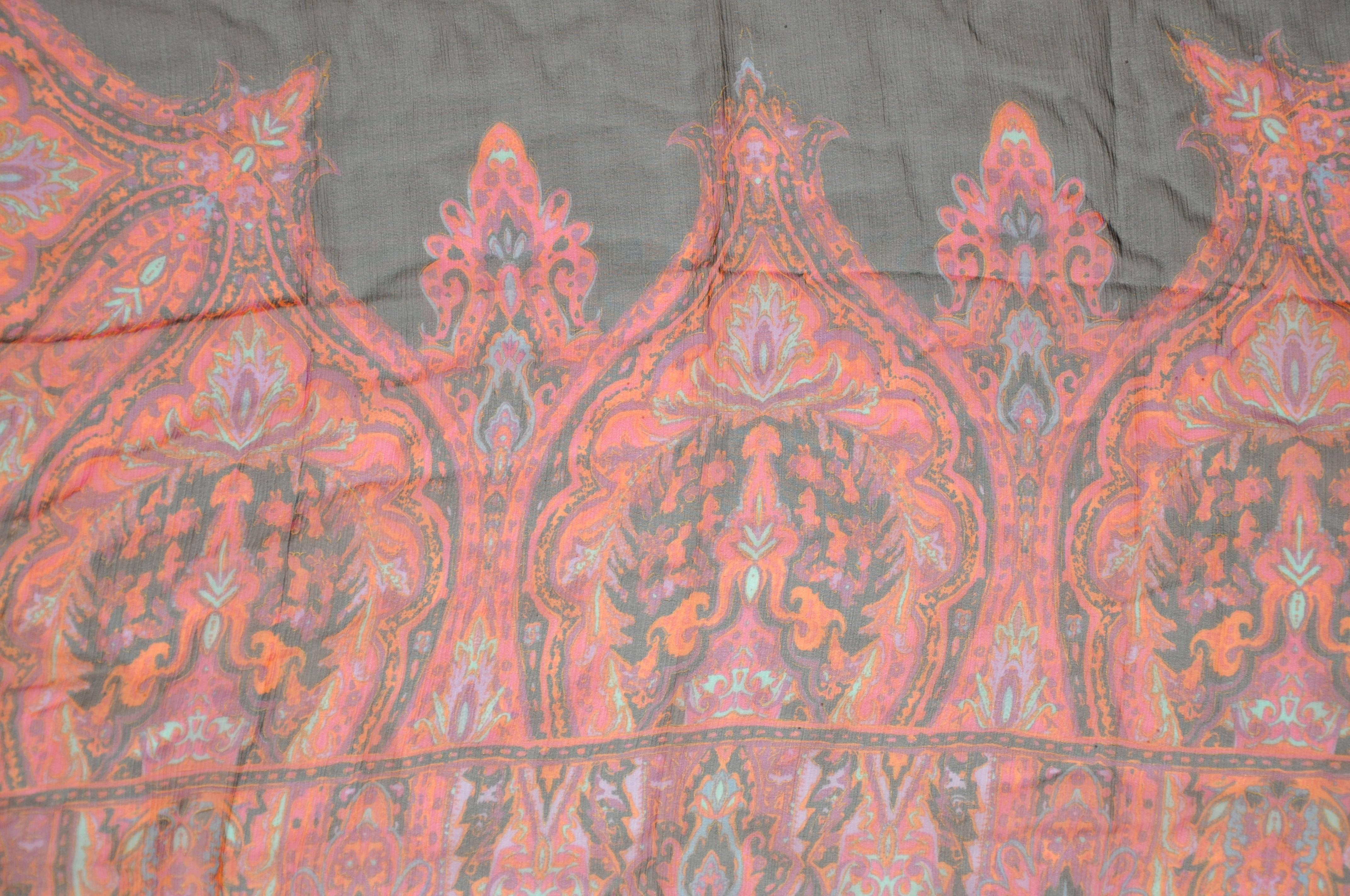 Brown Ralph Lauren Fringed Multi-Color Paisley Bordered Silk Scarf with Black Center  For Sale
