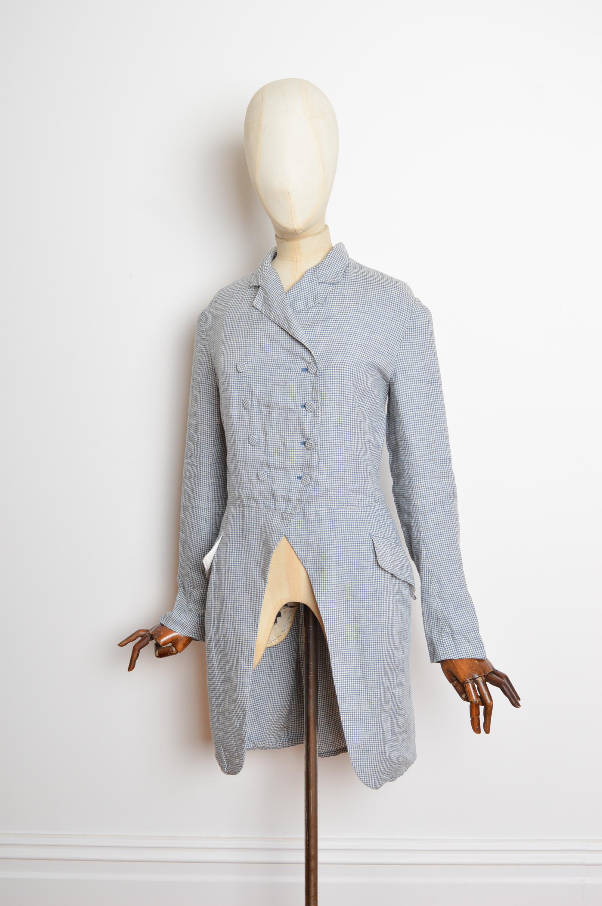 Grigio Ralph Lauren - Tailcoat in cotone blu Madras - Giacca di lino napoleonica in vendita