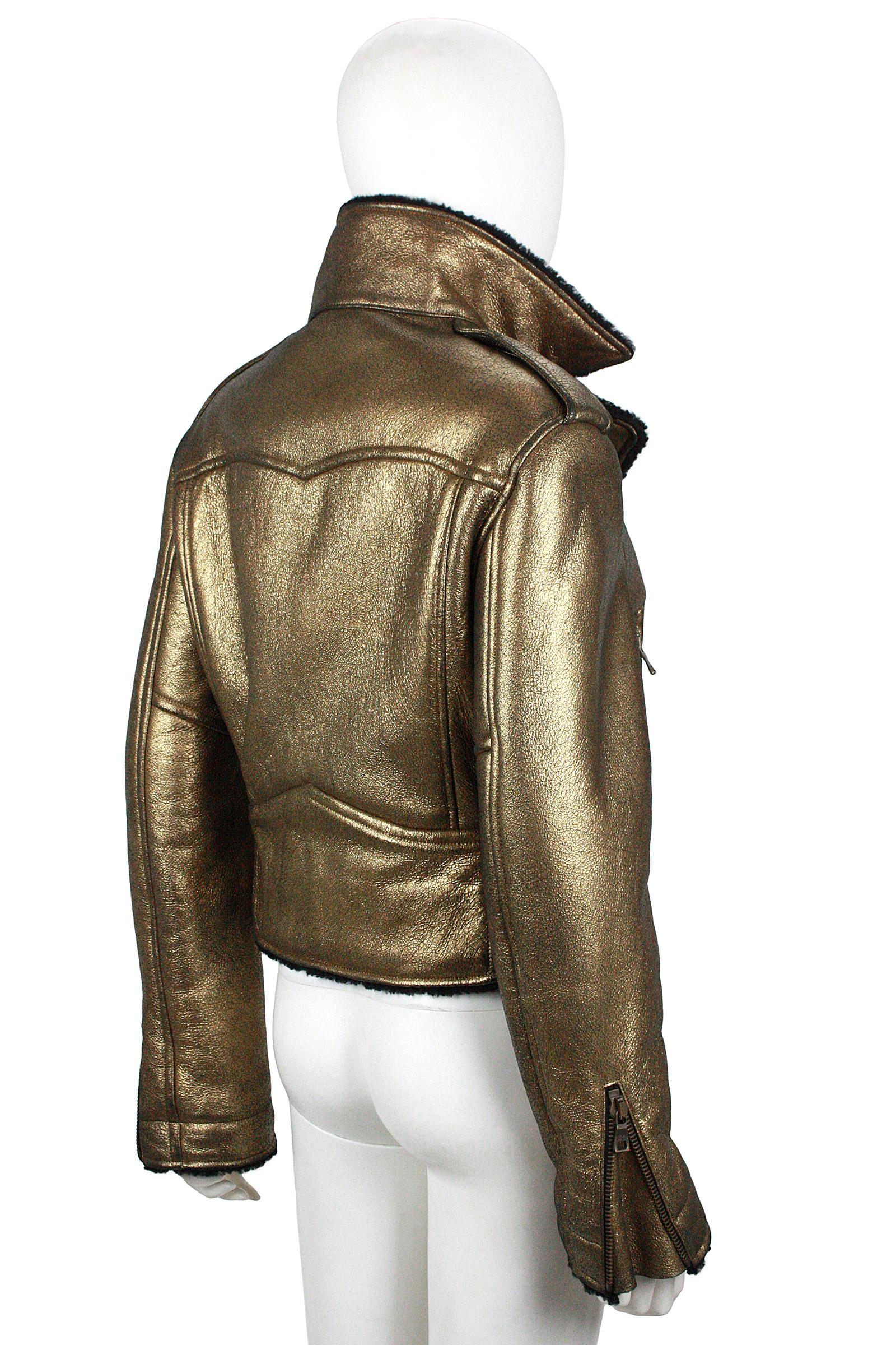 Ralph Lauren Gold Leather Black Shearling Moto Jacket In Excellent Condition In Los Angeles, CA