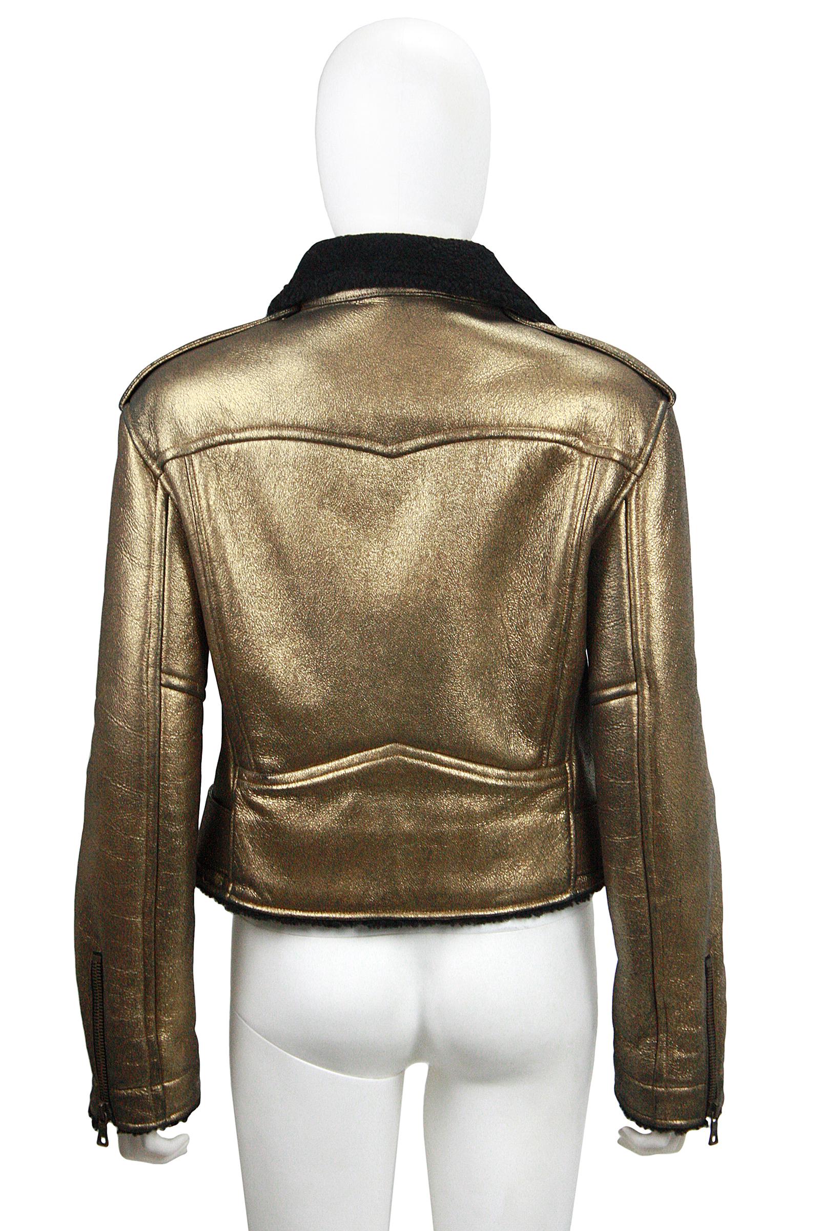 Women's Ralph Lauren Gold Leather Black Shearling Moto Jacket