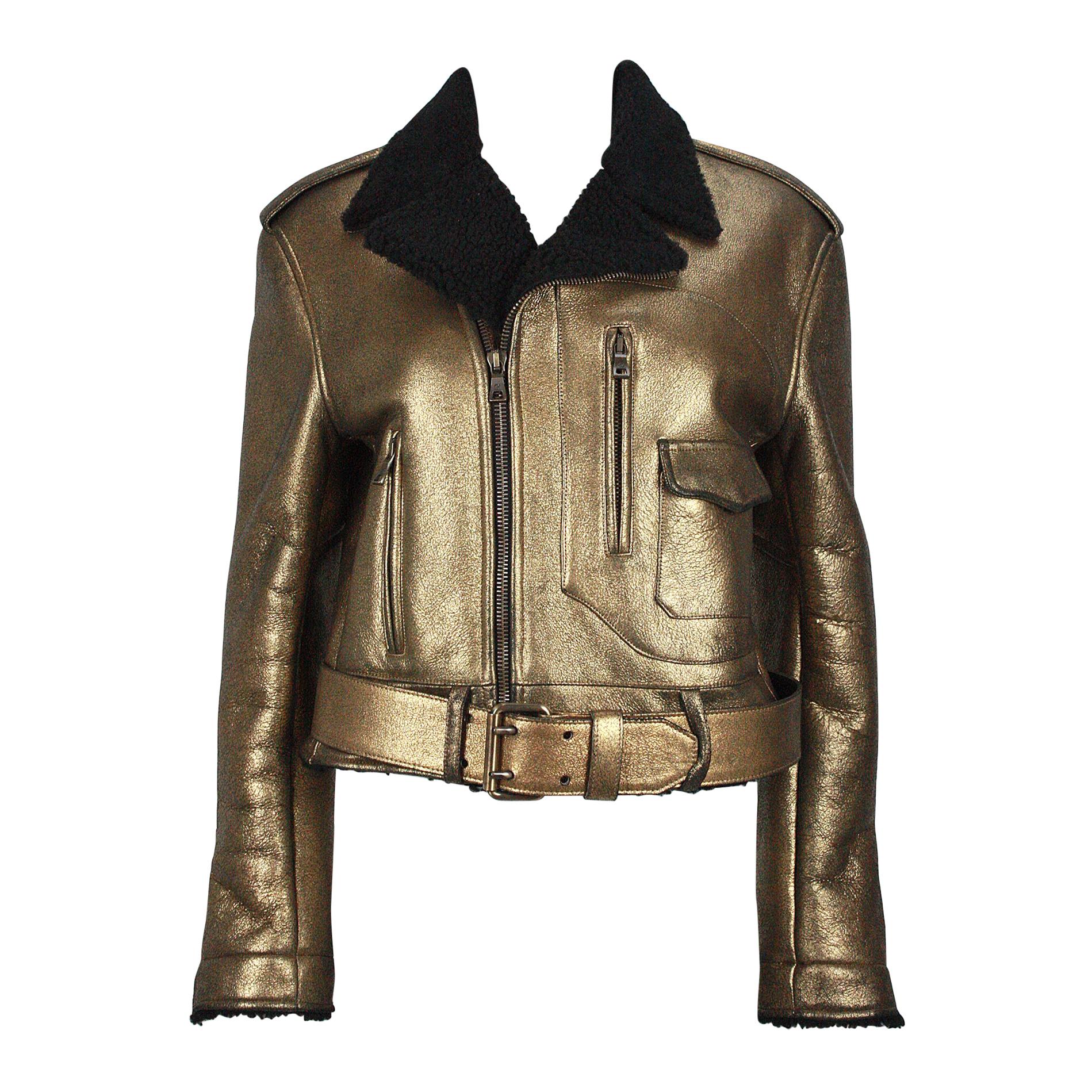 Ralph Lauren Gold Leather Black Shearling Moto Jacket
