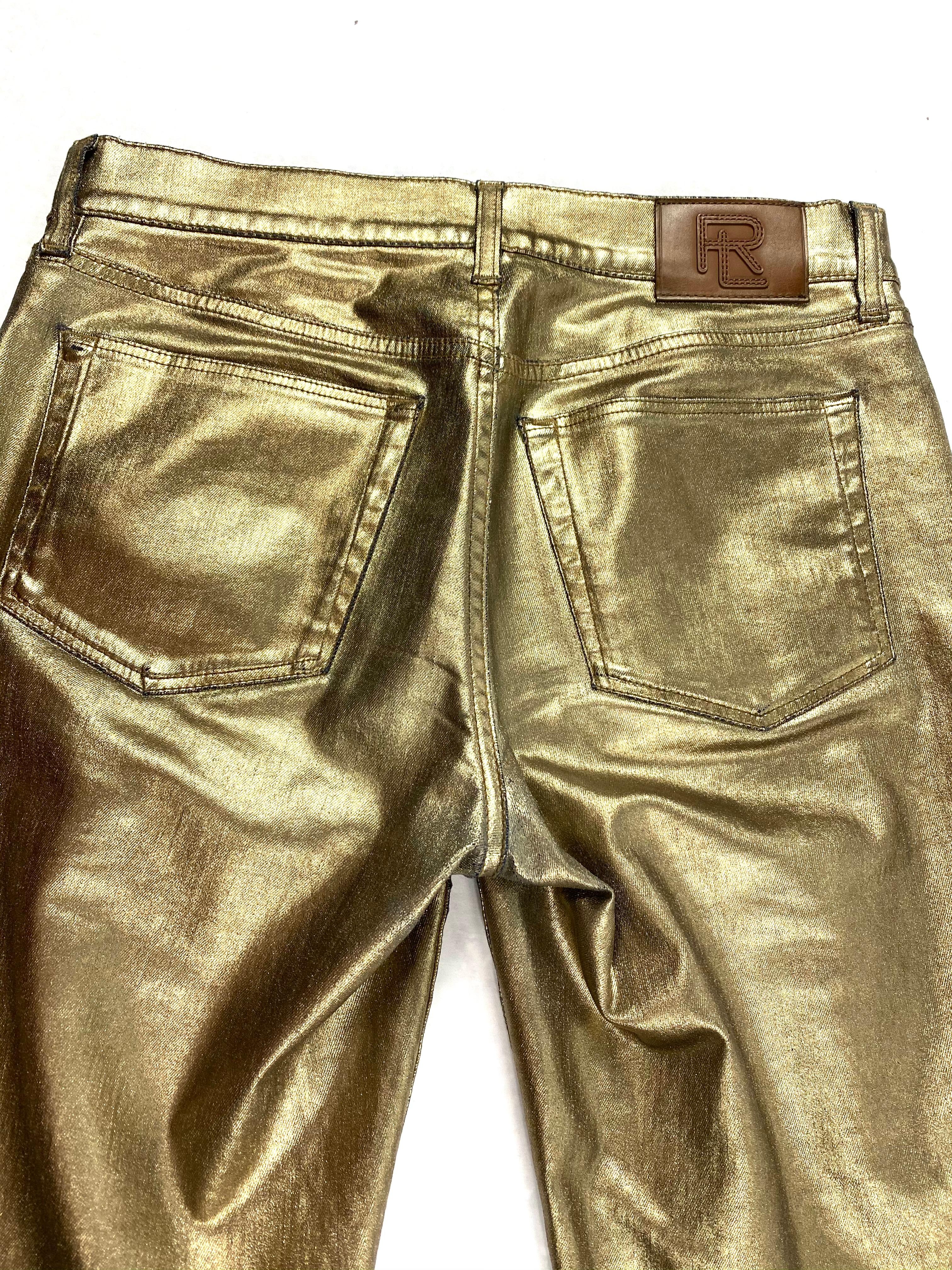 Ralph Lauren Gold Metallic Cotton Jeans Pants Size 28 In Good Condition For Sale In Beverly Hills, CA