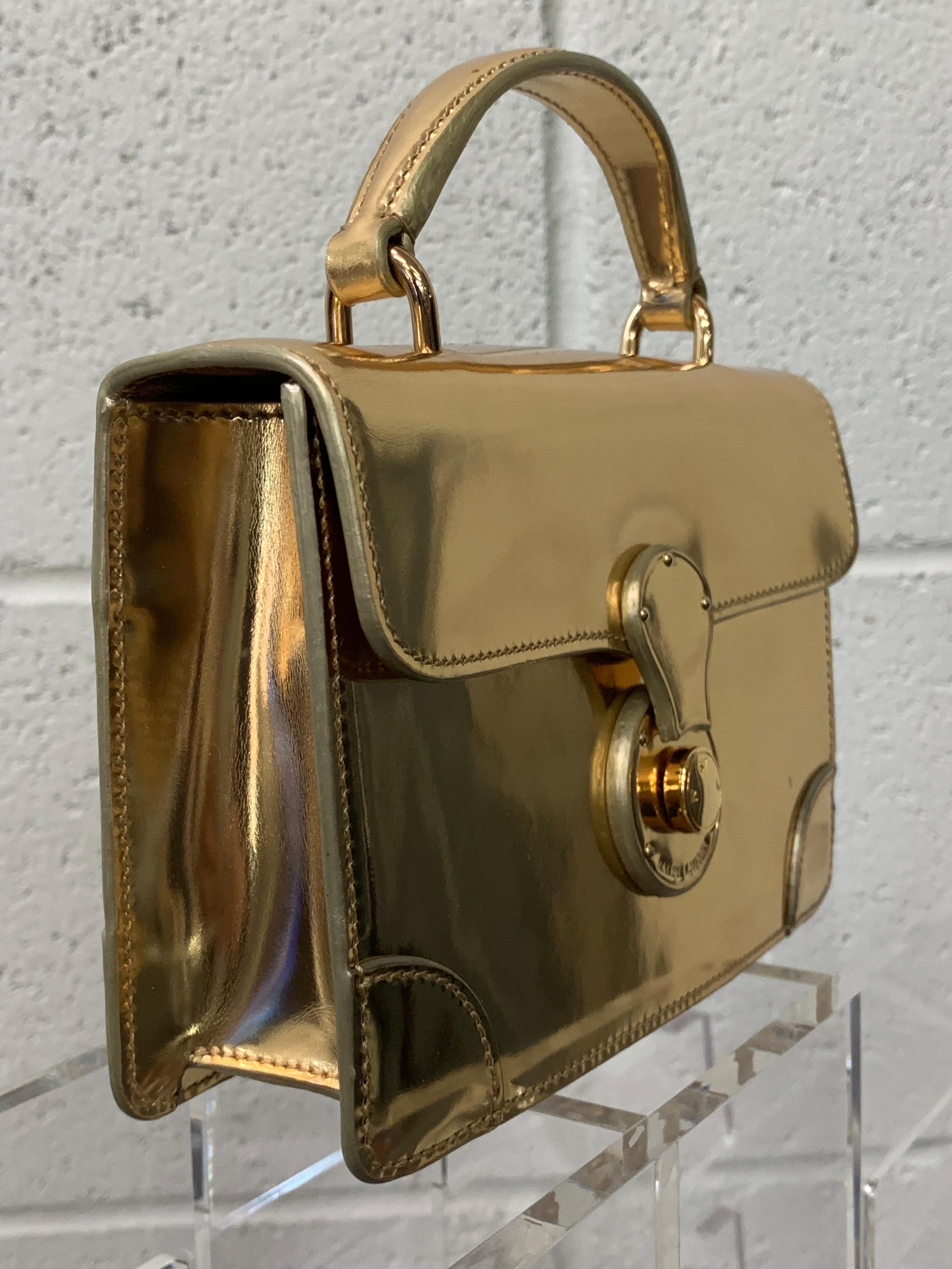 Ralph Lauren Gold Metallic Leather Mini Box Bag w Top Handle Shoulder Strap In New Condition For Sale In Gresham, OR