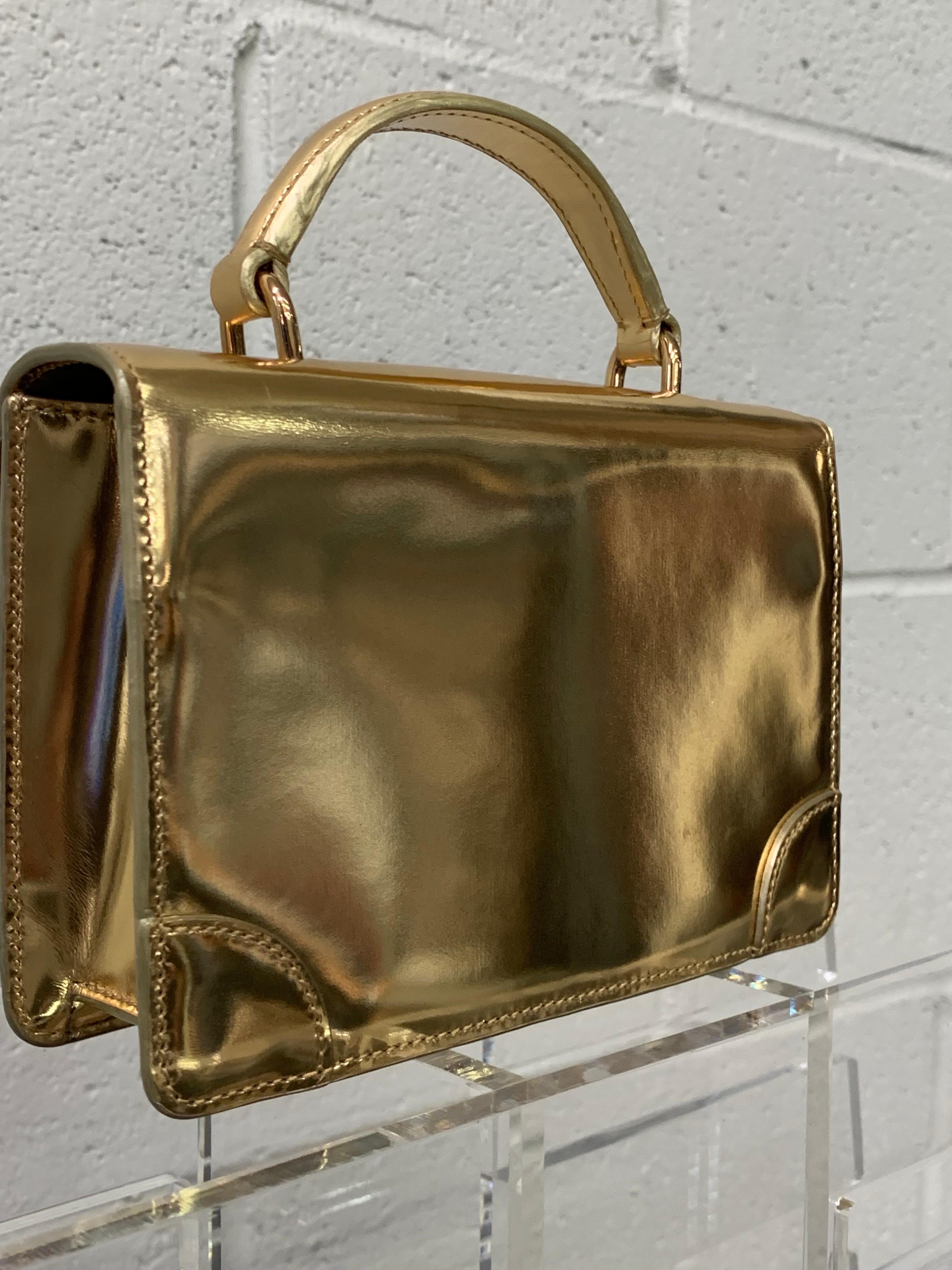 Ralph Lauren Gold Metallic Leather Mini Box Bag w Top Handle Shoulder Strap For Sale 1