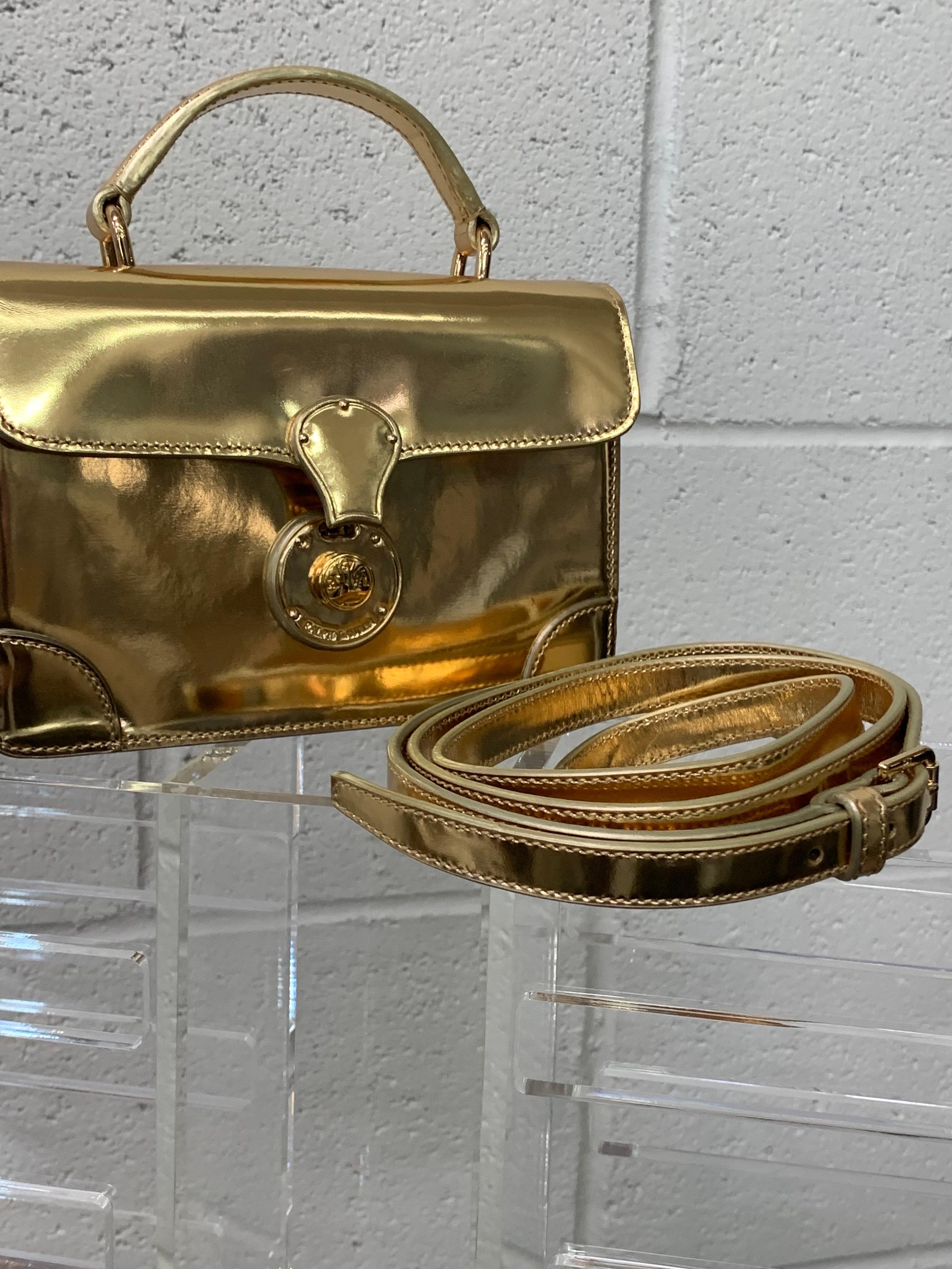 Ralph Lauren Gold Metallic Leather Mini Box Bag w Top Handle Shoulder Strap For Sale 4