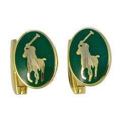 Ralph Lauren Gold Plated and Green Enamel Polo CuffLinks