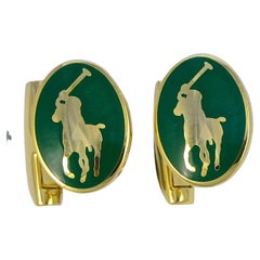 Ralph Lauren Gold Plated and Green Enamel Polo CuffLinks