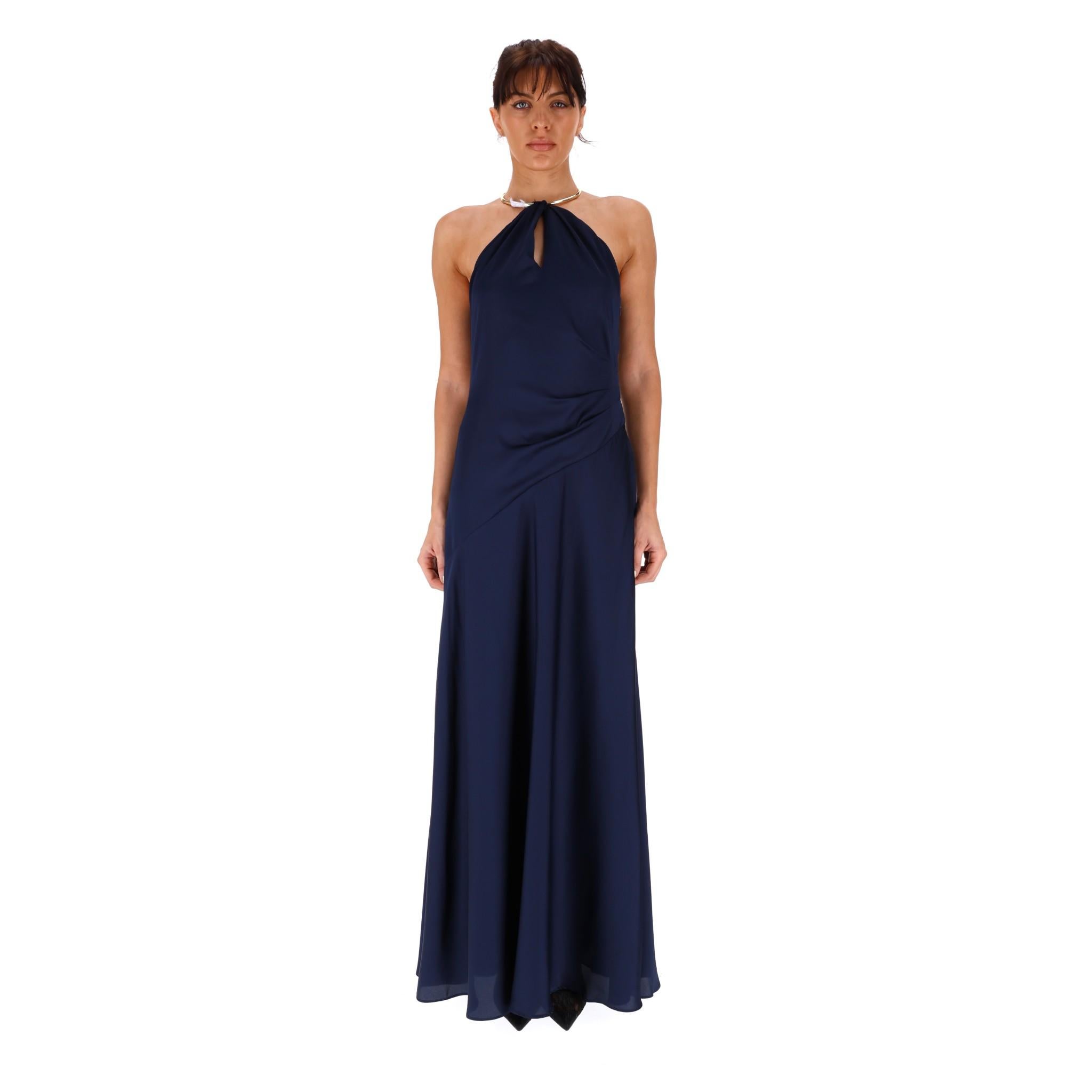 Brand New - Ralph Lauren Gold Ring Halter Neck Evening Dress

Beautiful 'Faleana' navy evening dress with a shiny finish. 

Cut-out detailed halter neckline embellished with a detachable gold ring.

Draping at the waist, flared skirt and concealed