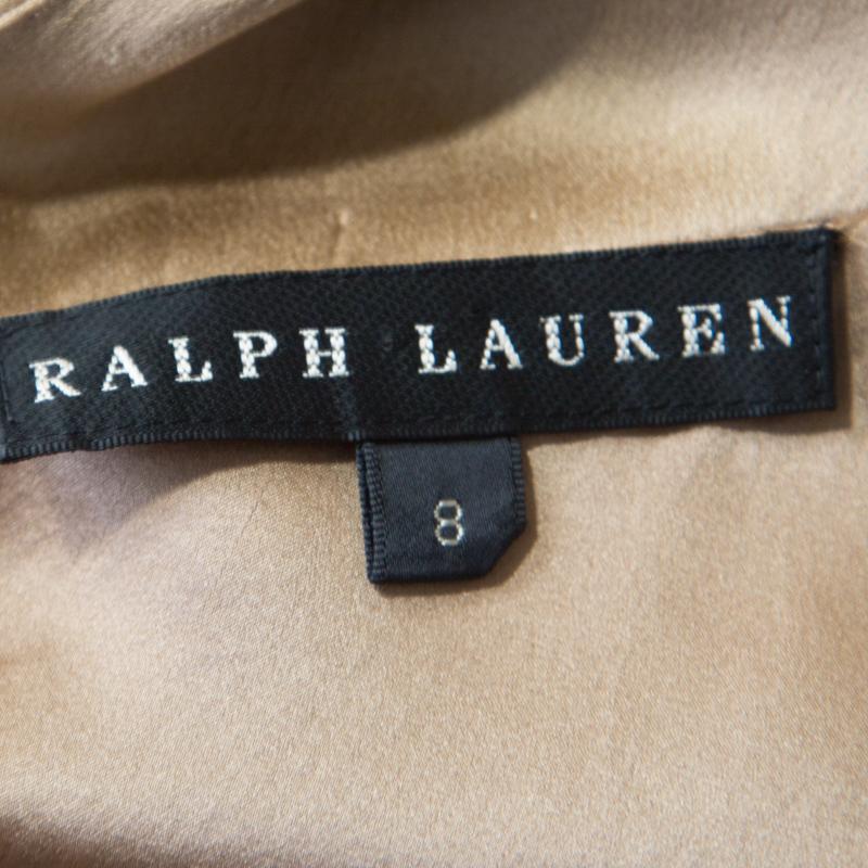 Brown Ralph Lauren Gold Satin Draped Cowl Neck Halter Mini Dress M