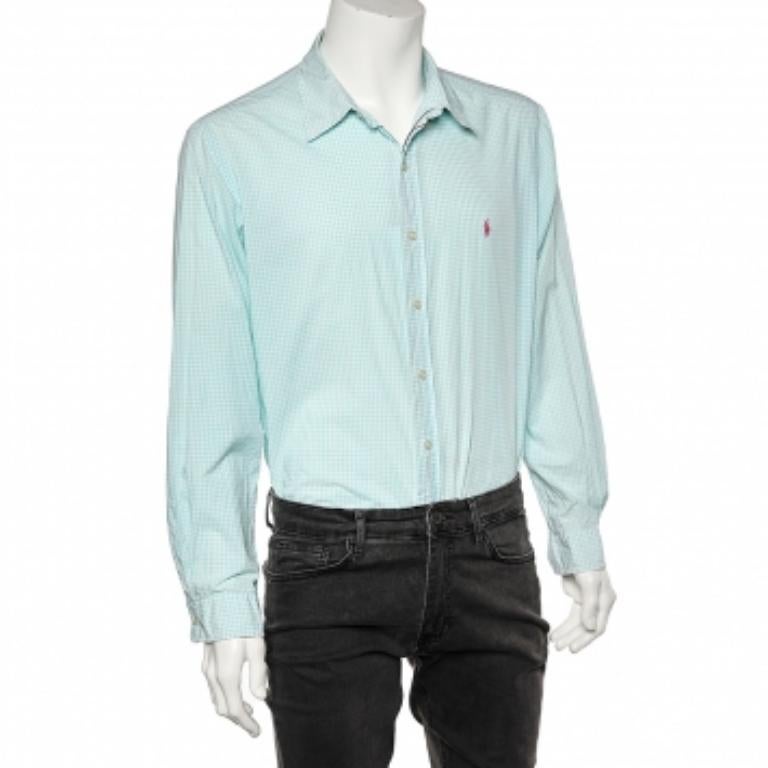 Ralph Lauren Grünes und weiß kariertes langärmeliges Baumwollhemd mit Knopfleiste XL Herren im Angebot