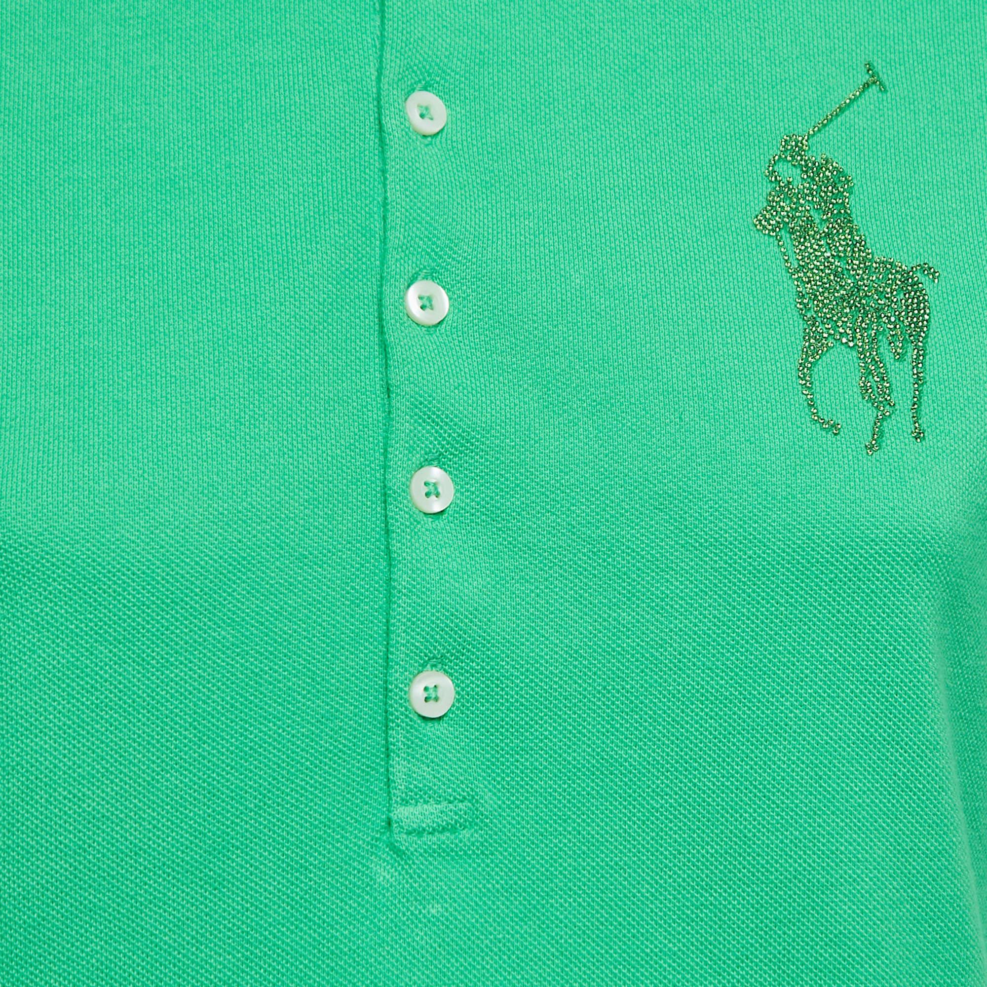 Ralph Lauren Grünes Polo-T-Shirt aus Baumwolle mit Glitter-Logo in Grün L im Zustand „Gut“ im Angebot in Dubai, Al Qouz 2