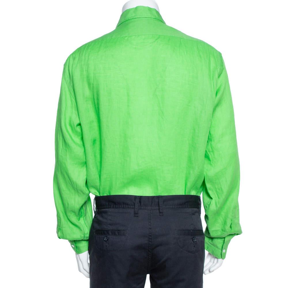 Ralph Lauren Green Linen Logo Embroidered Button Down Shirt XXL In Good Condition In Dubai, Al Qouz 2