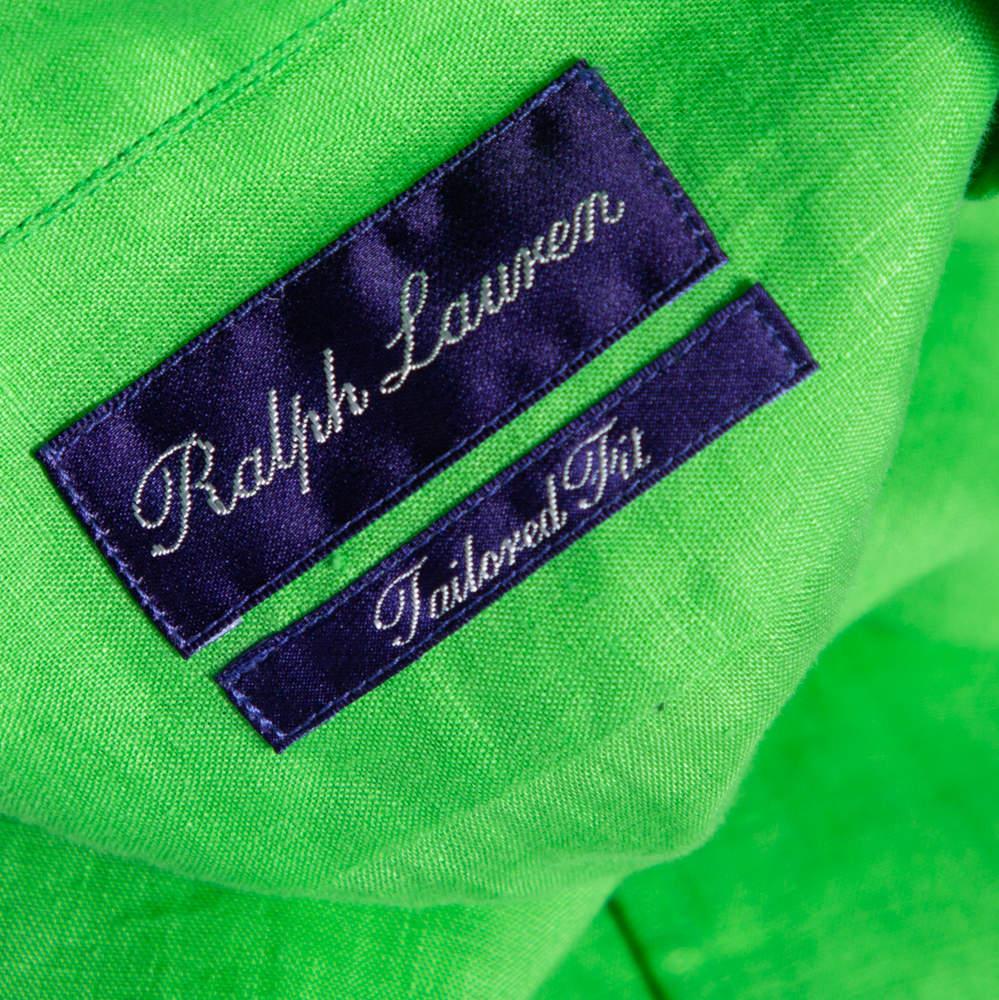 Ralph Lauren Green Linen Logo Embroidered Button Down Shirt XXL 1