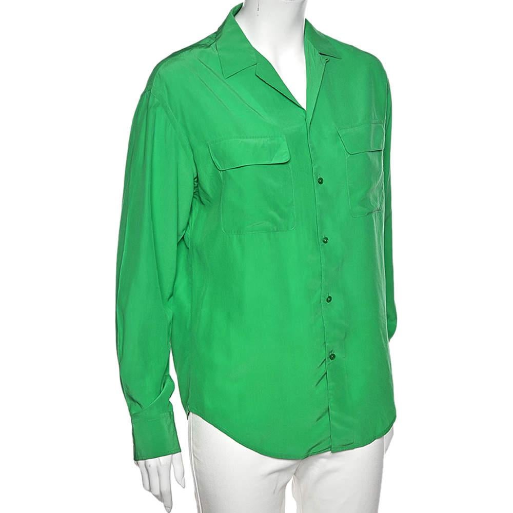 Ralph Lauren Green Silk Pocketed Button Front Shirt M In Good Condition For Sale In Dubai, Al Qouz 2