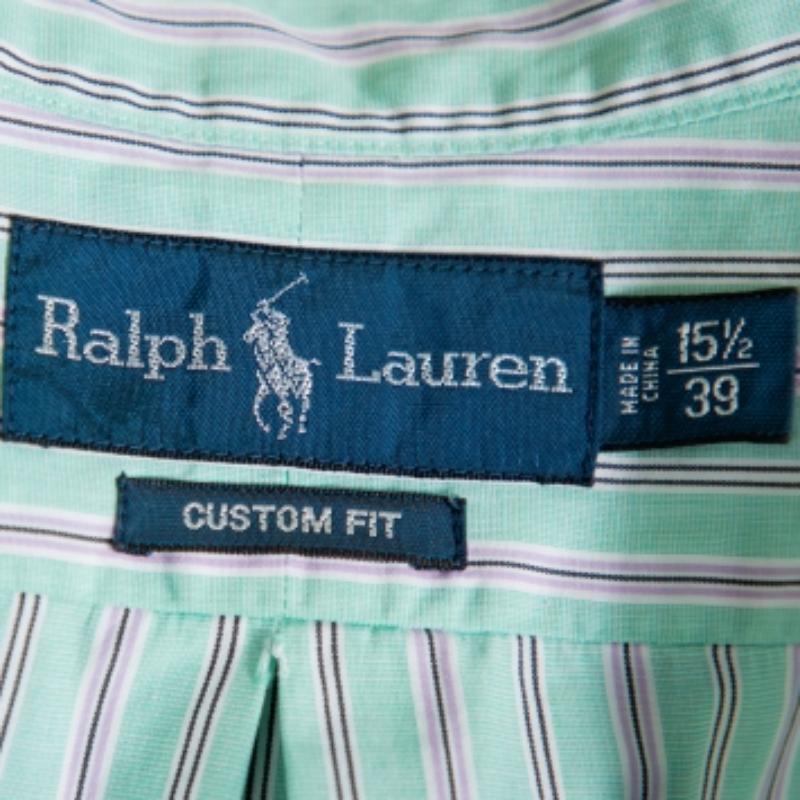 Ralph Lauren Green Striped Cotton Button Front Custom Fit Shirt M In Good Condition For Sale In Dubai, Al Qouz 2