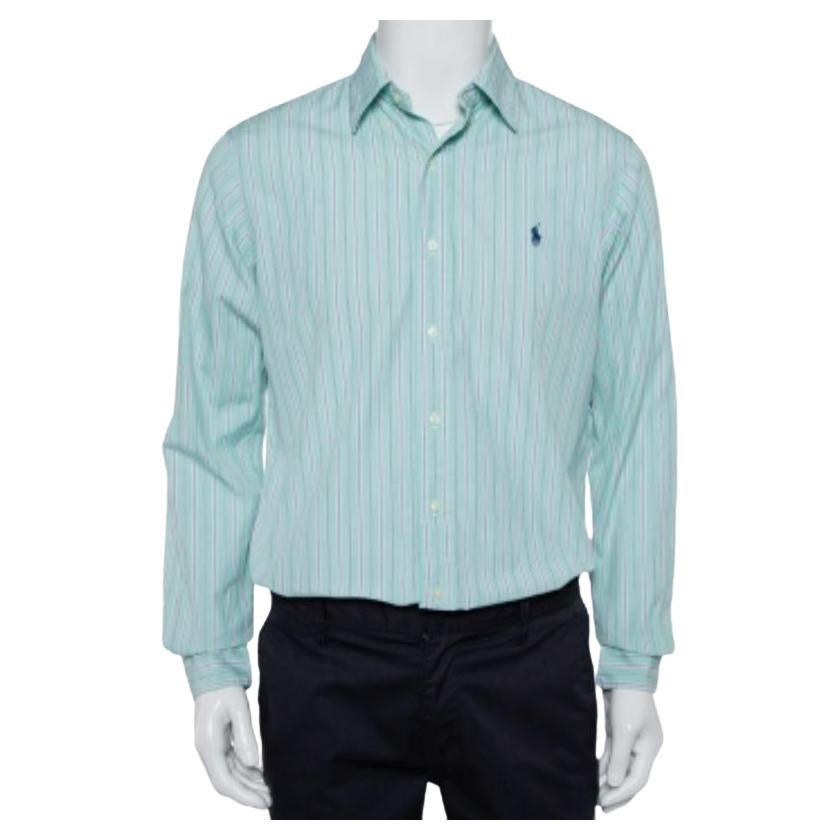 Ralph Lauren Green Striped Cotton Button Front Custom Fit Shirt M For Sale