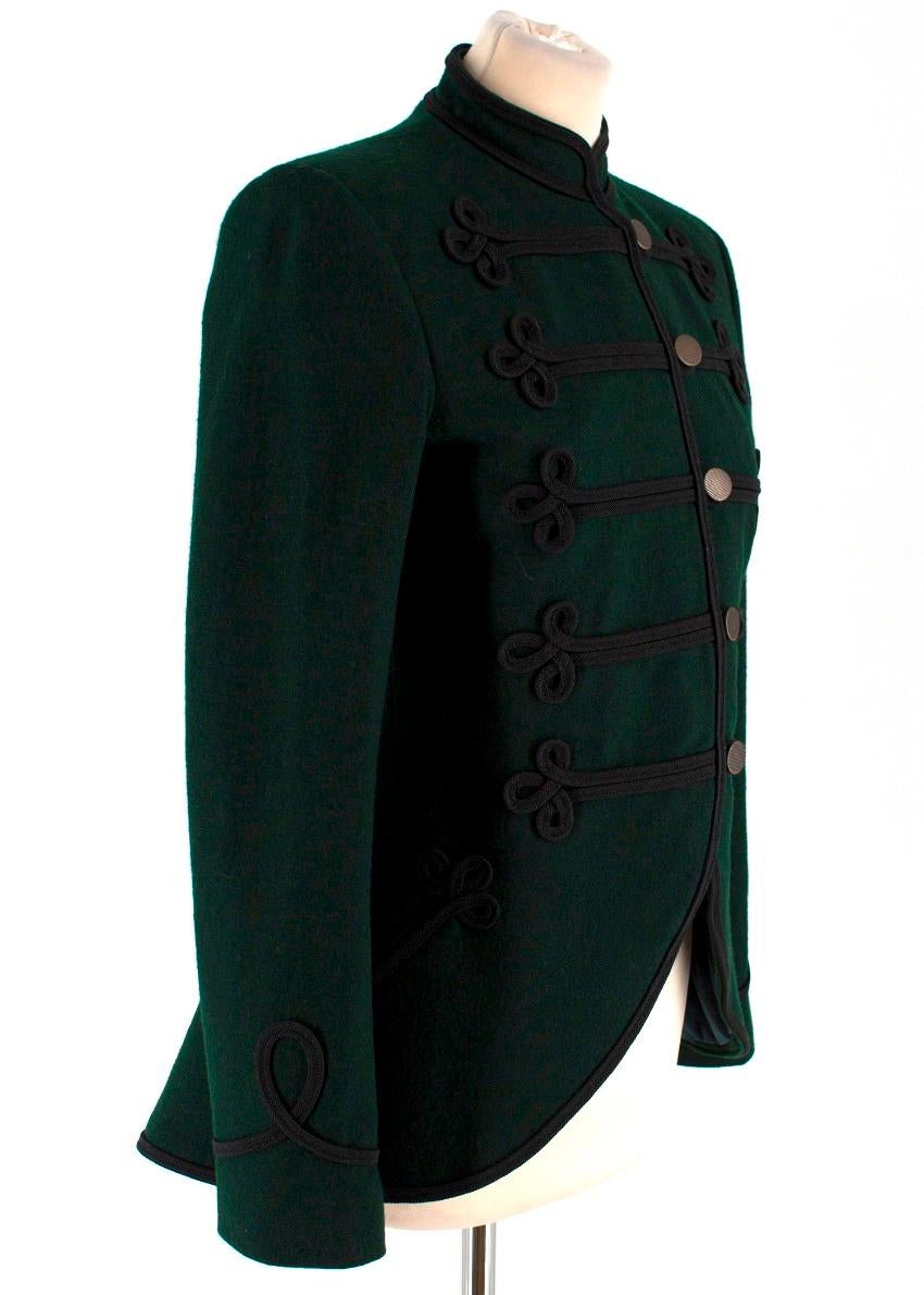 Ralph Lauren Green Wool Military Jacket

-Dark green military jacket with gold toned hardware
-Black swirl embroidery
-Two front pockets
-Rounded dipped hem
-Shoulder pads
-Slits at the back

Please note, these items are pre-owned and may show signs
