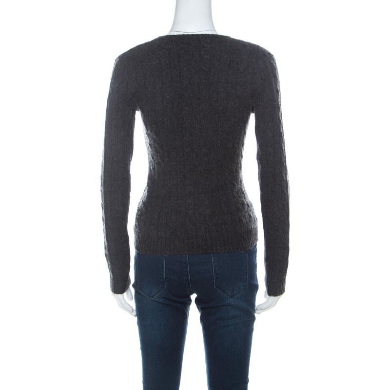 Black Ralph Lauren Grey Cashmere Cabled V-Neck Sweater M