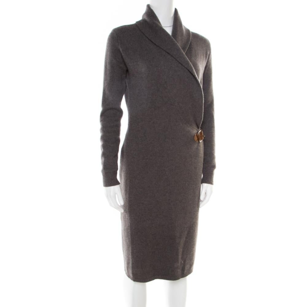 Ralph Lauren Grey Shawl Collar Detail Faux Wrap Sweater Dress M For Sale at  1stDibs