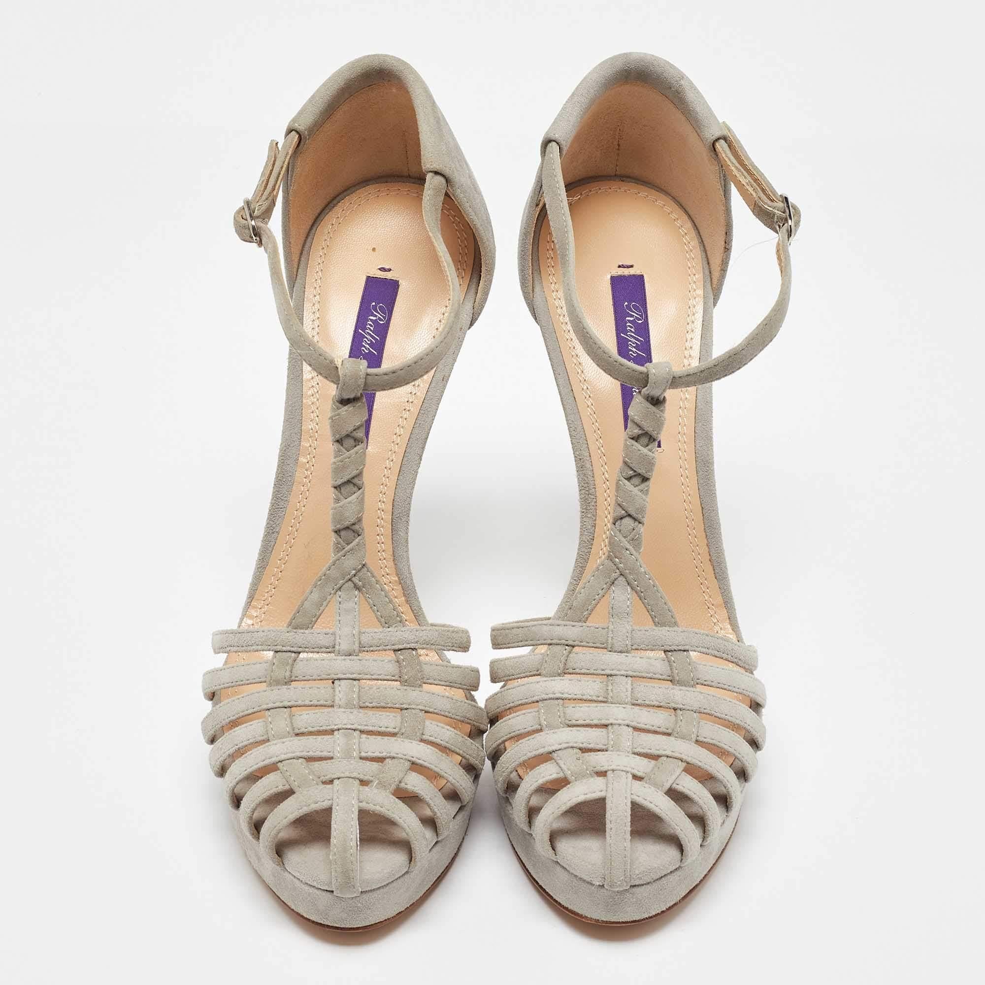 Brown Ralph Lauren Grey Suede Leather T Strap Platform Sandals Size 38.5 For Sale