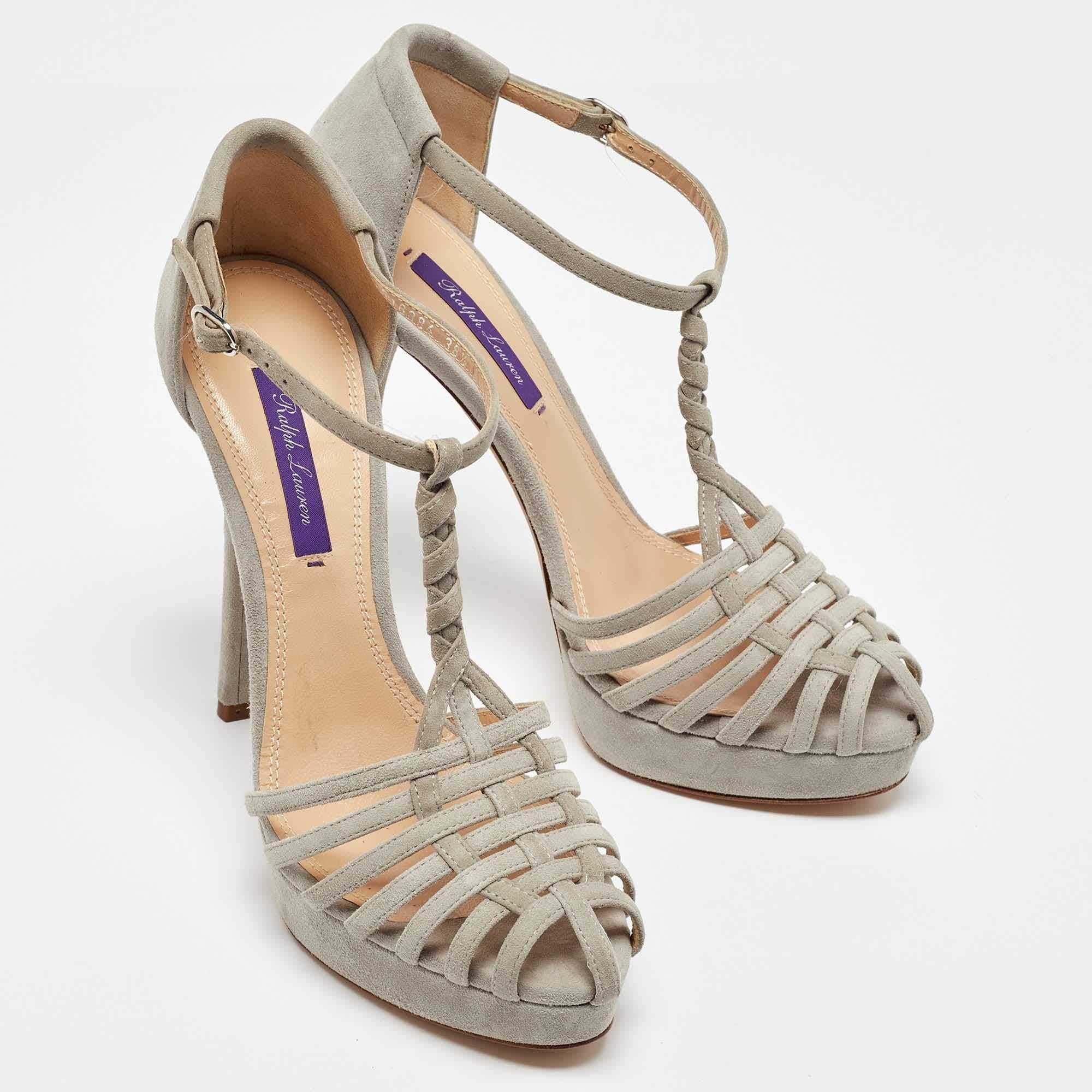 Ralph Lauren Grey Suede Leather T Strap Platform Sandals Size 38.5 In Excellent Condition For Sale In Dubai, Al Qouz 2