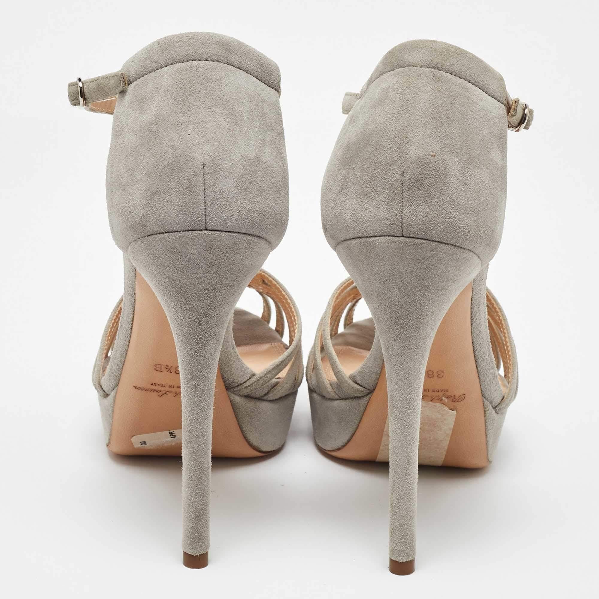 Women's Ralph Lauren Grey Suede Leather T Strap Platform Sandals Size 38.5 For Sale