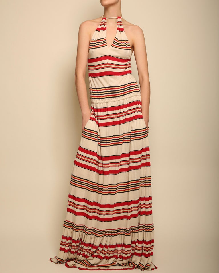 Ralph Lauren halter neck red black beige stripe striped maxi jersey gown  dress For Sale at 1stDibs