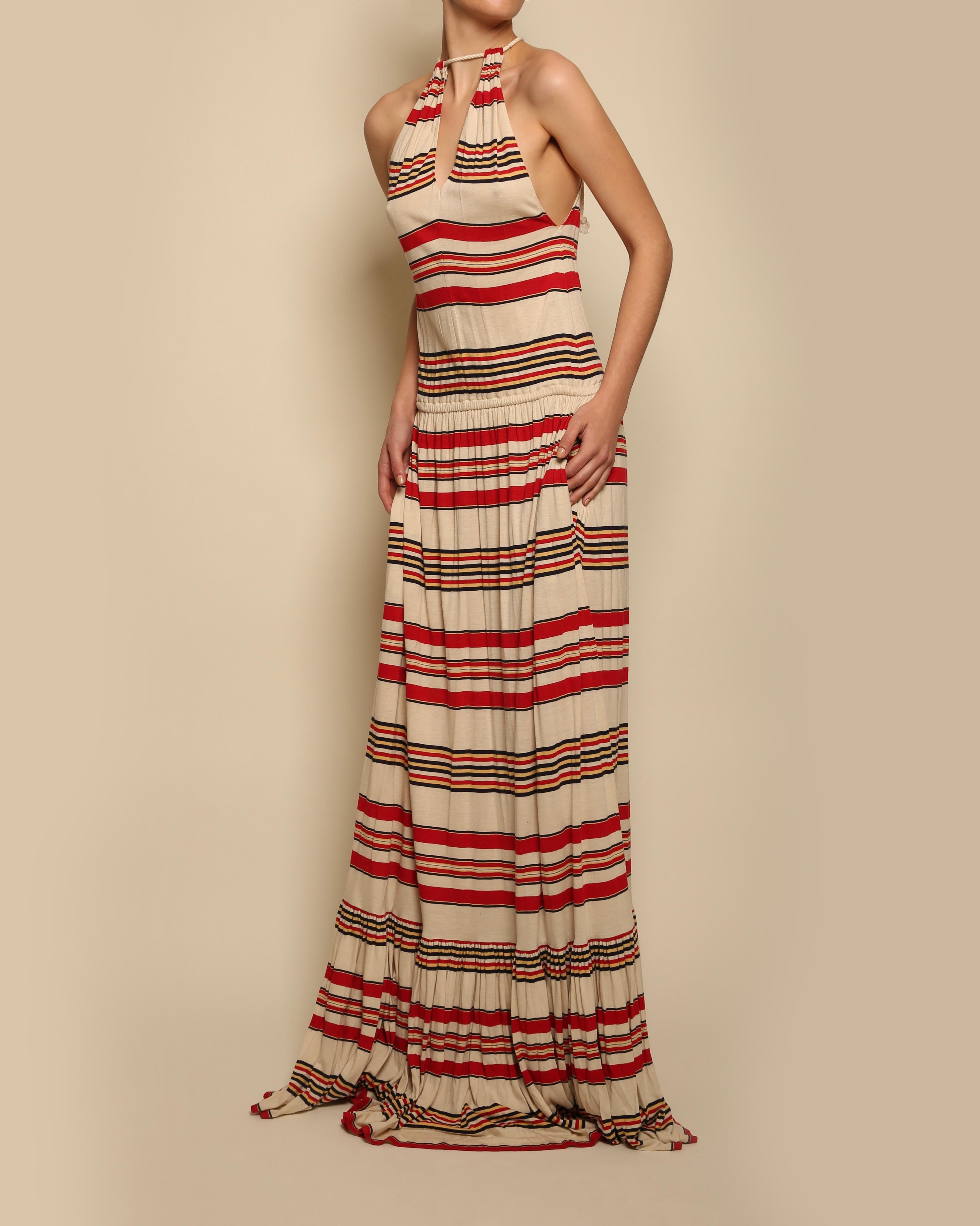 Beige Ralph Lauren halter neck red black beige stripe striped maxi jersey gown dress For Sale